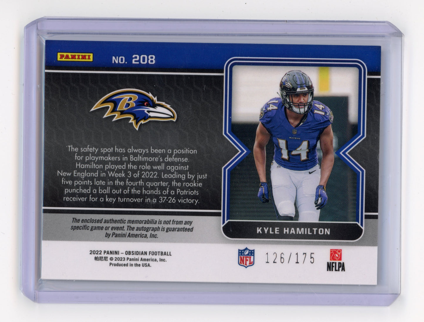 2022 Panini Obsidian Kyle Hamilton Rookie Jersey Autograph RC 126/175 #208