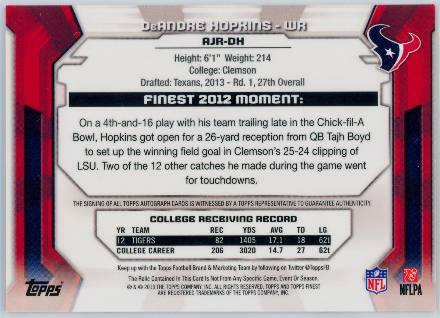 2013 Topps Finest DeAndre Hopkins Auto Jumbo Relic Gold Refractor /50 #AJR-DH