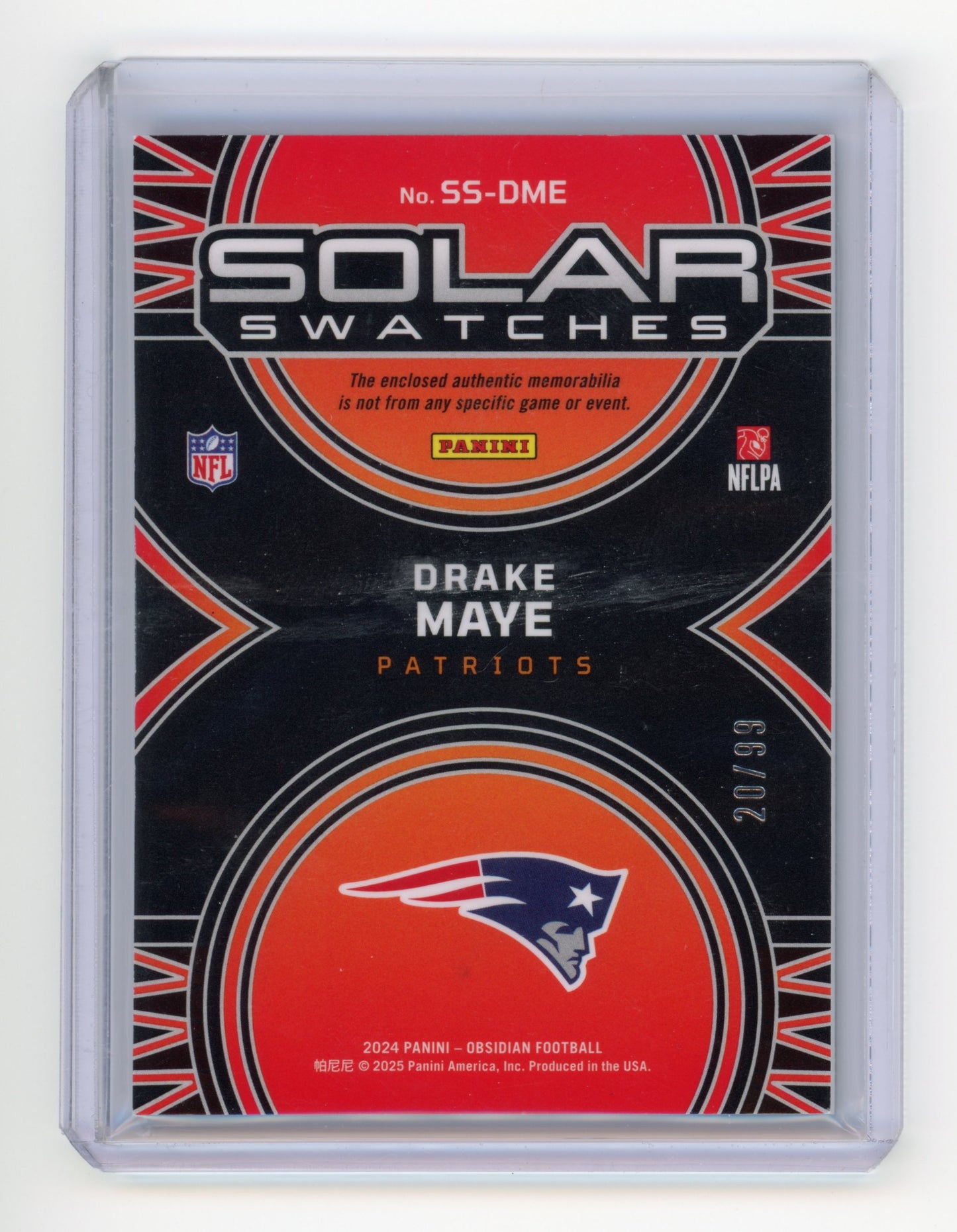 2025 Panini Obsidian Solar Swatches Drake Maye Silver RC 20/99 #SS-DME