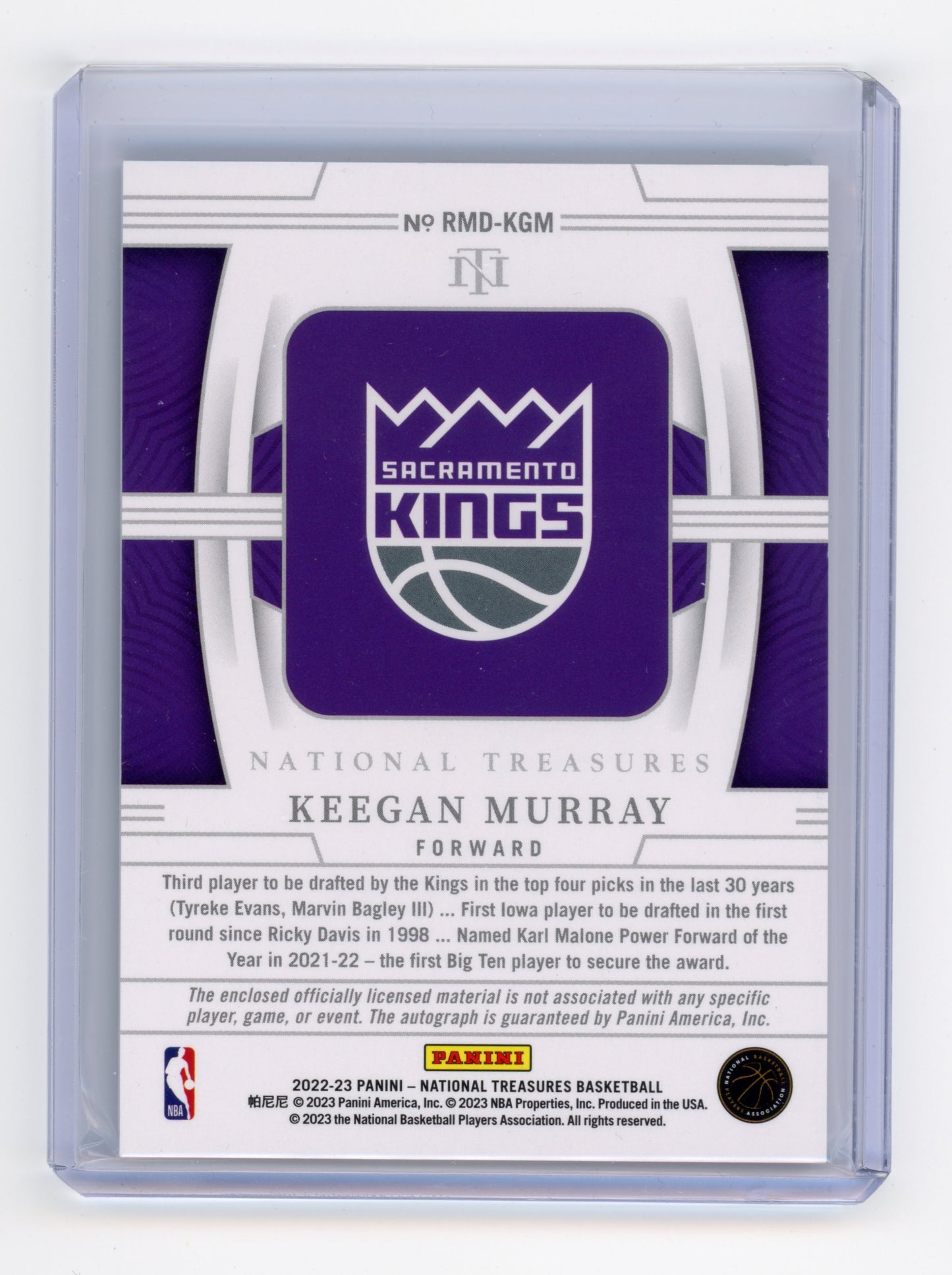 2022 Panini National Treasures Keegan Murray Rookie Dual Material Auto /99 RC