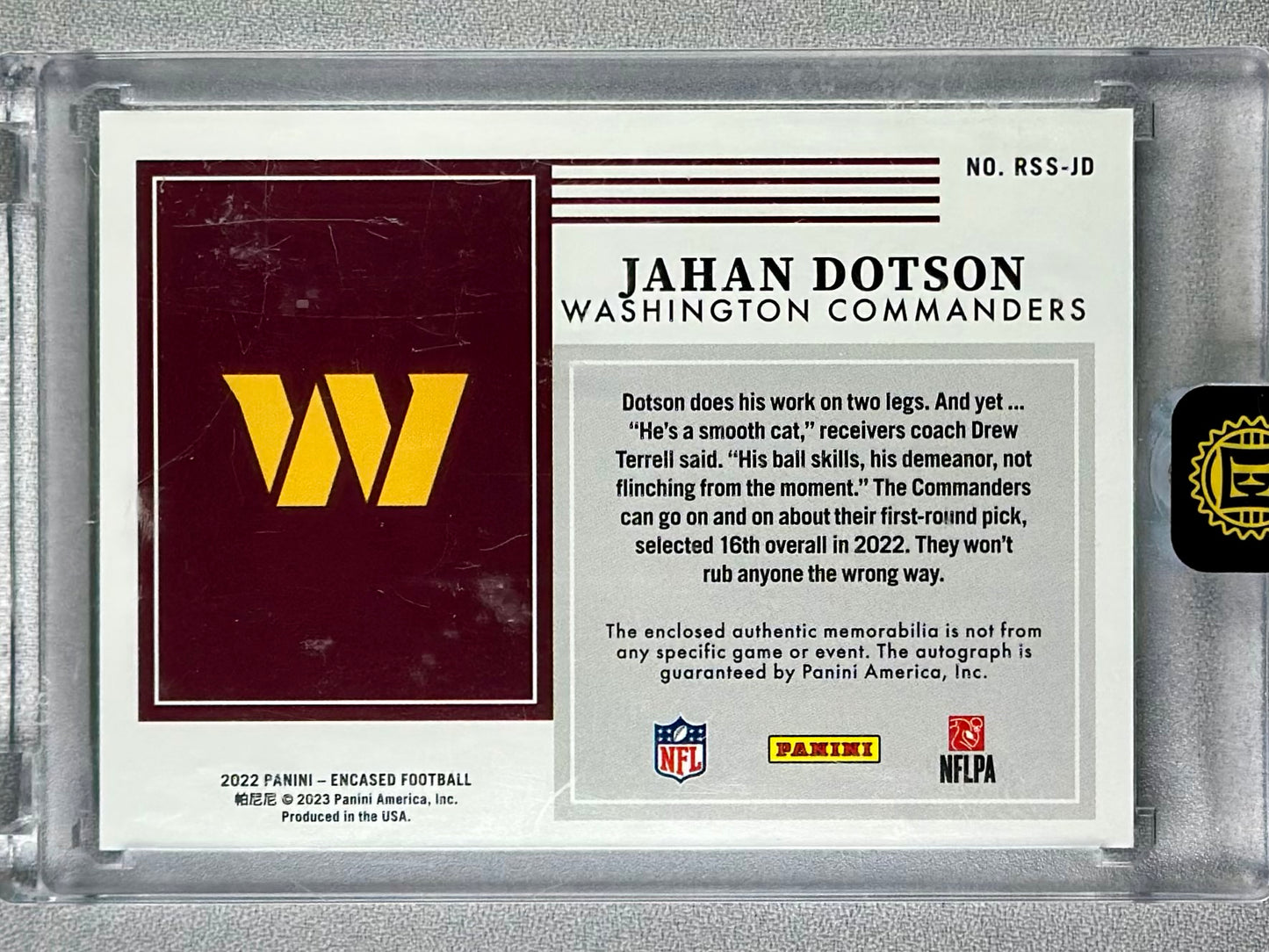 2022 Panini Encased Jahan Dotson Rookie Dual Swatch Signatures Sapphire /25 RC