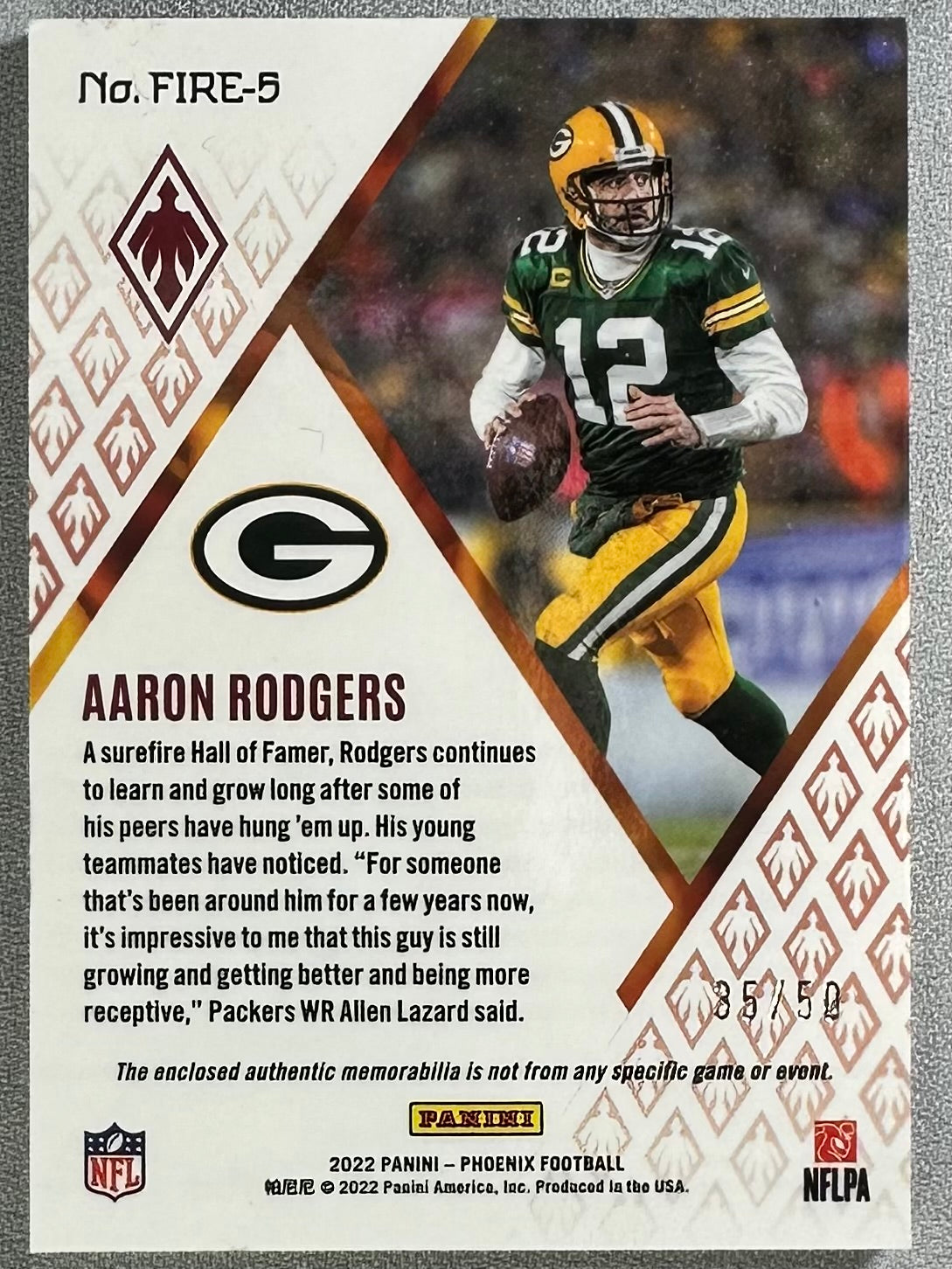 2022 Panini Phoenix Aaron Rodgers Fire Fabrics Purple /50 #FIRE-5