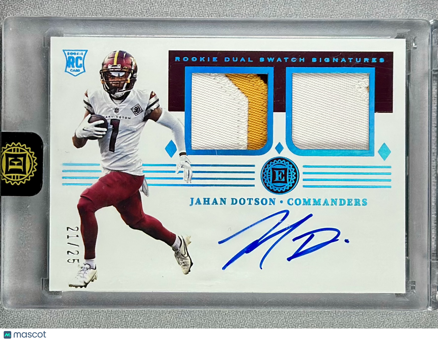 2022 Panini Encased Jahan Dotson Rookie Dual Swatch Signatures Sapphire /25 RC