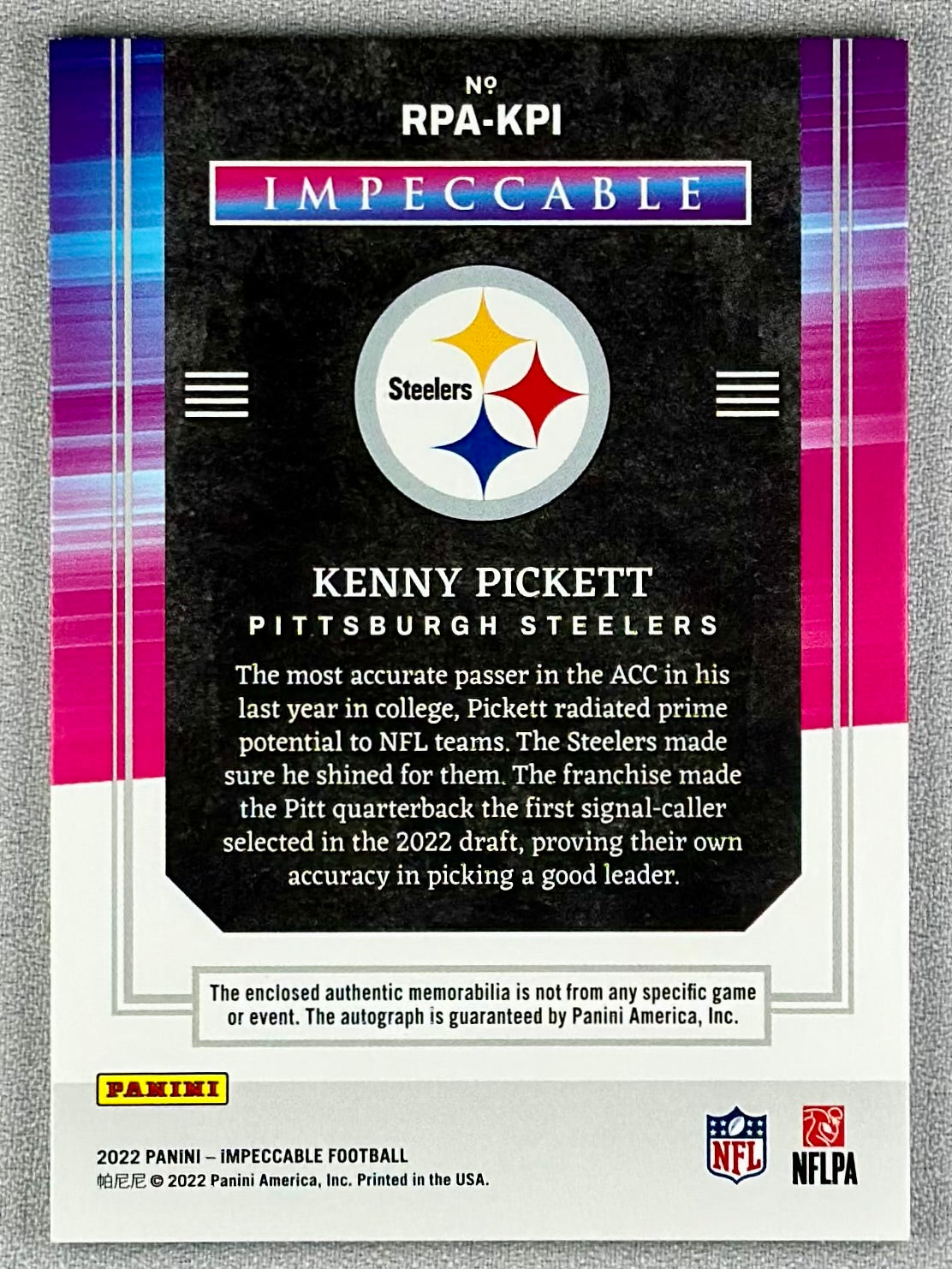 2022 Panini Impeccable Kenny Pickett RPA Silver /25 #RPA-KPI RC