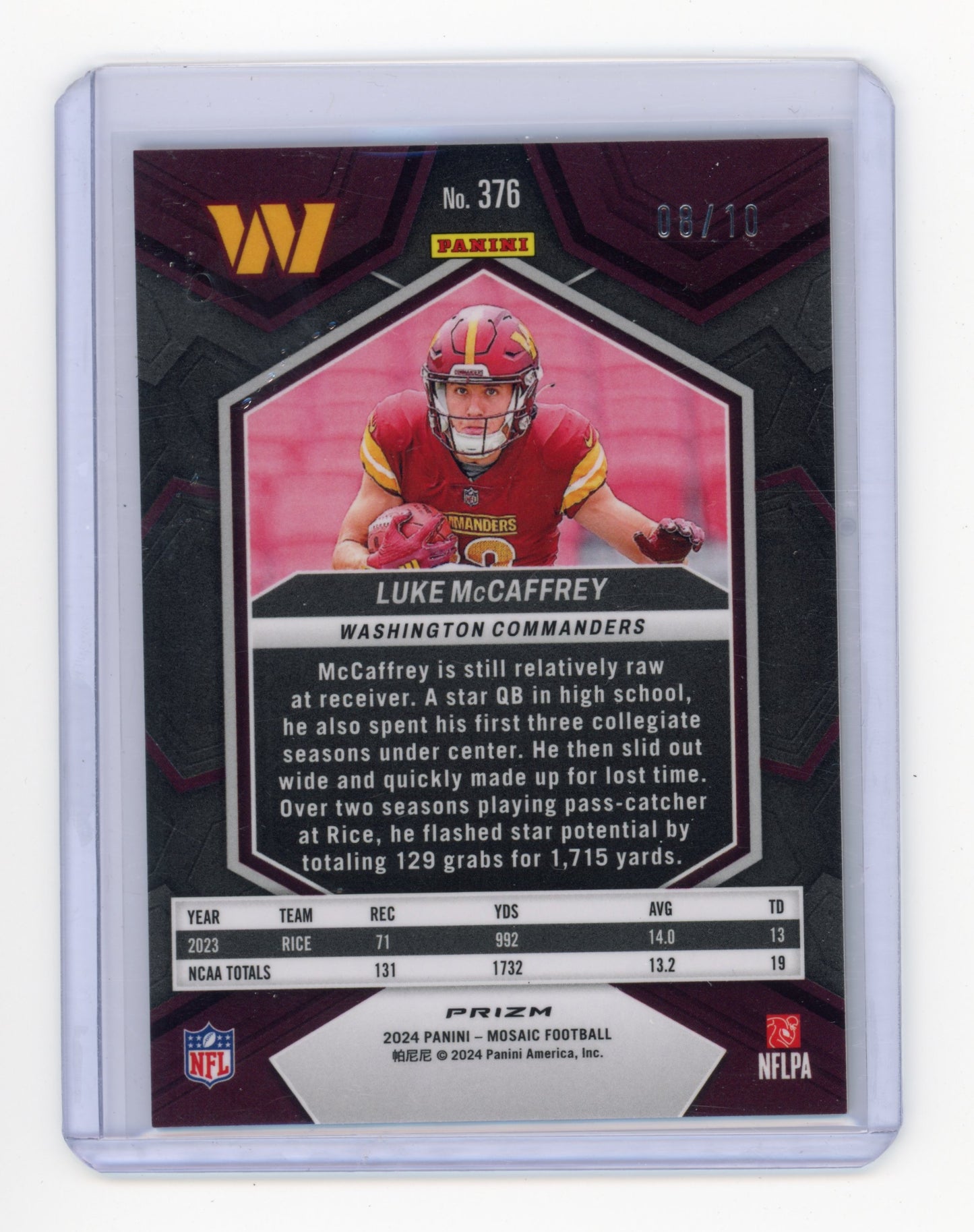 2024 Panini Mosaic Luke McCaffrey Gold Mosaic 08/10 RC #376