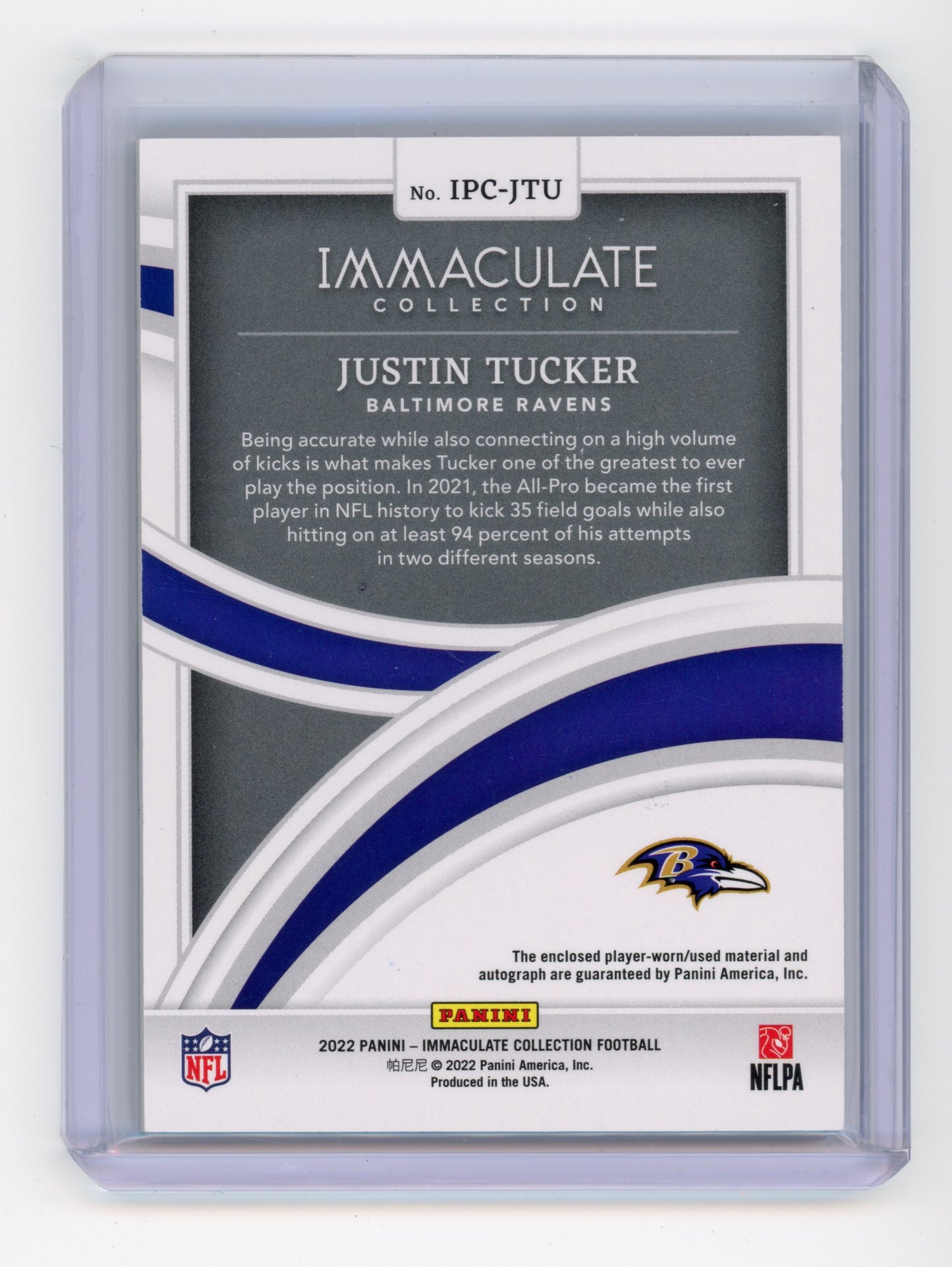 2022 Panini Immaculate Justin Tucker Players Collection Auto 13/75 #IPC-JTU