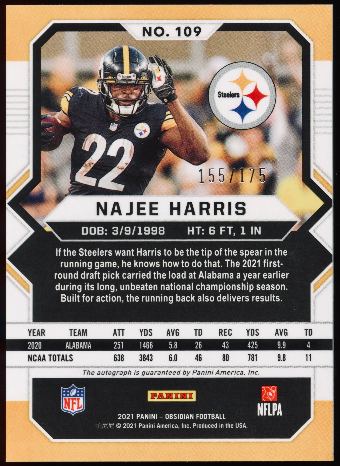 2021 Panini Obsidian Najee Harris Rookie Autograph /175 RC #109