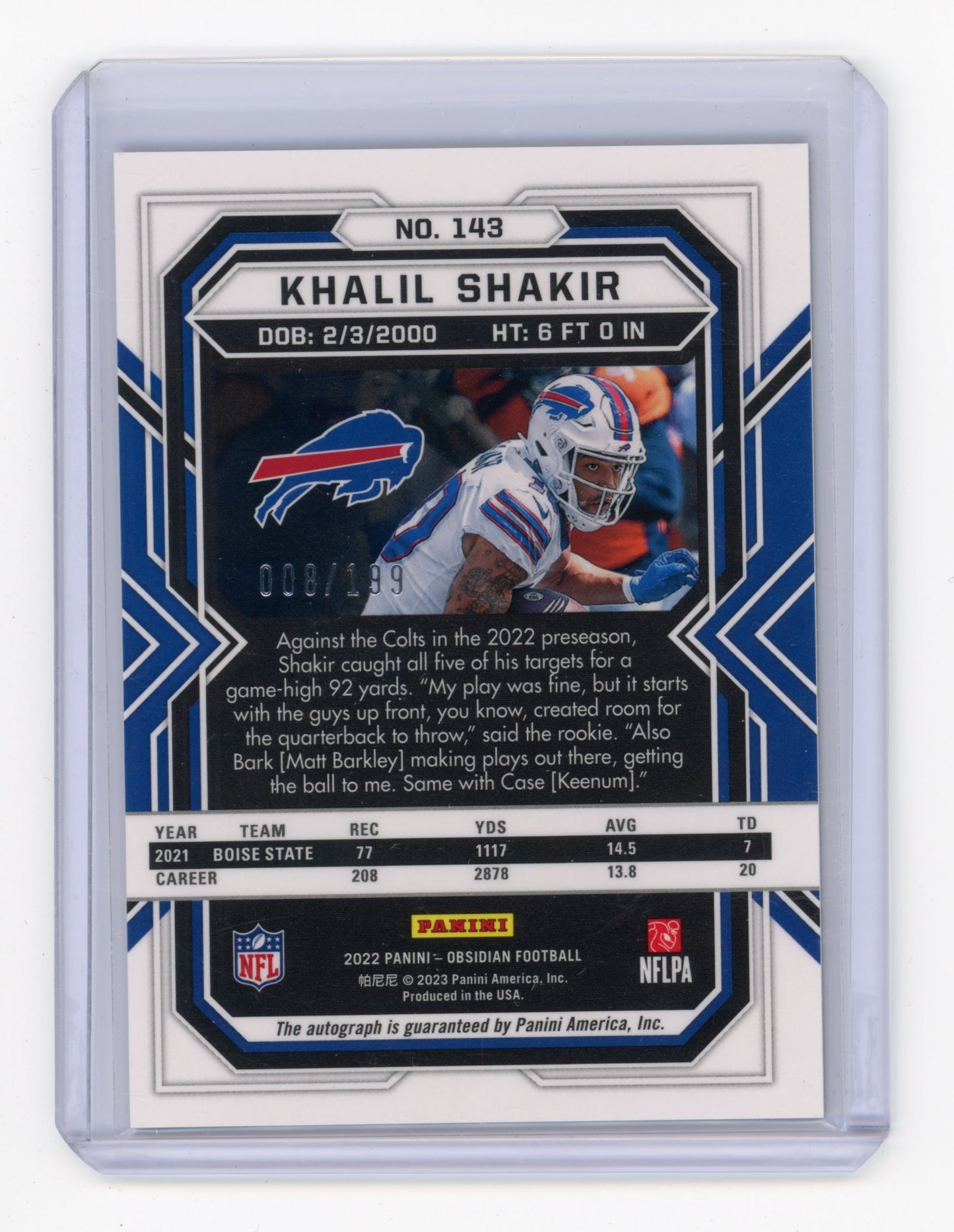 2022 Panini Obsidian Khalil Shakir Rookie Autograph 008/199 RC #143