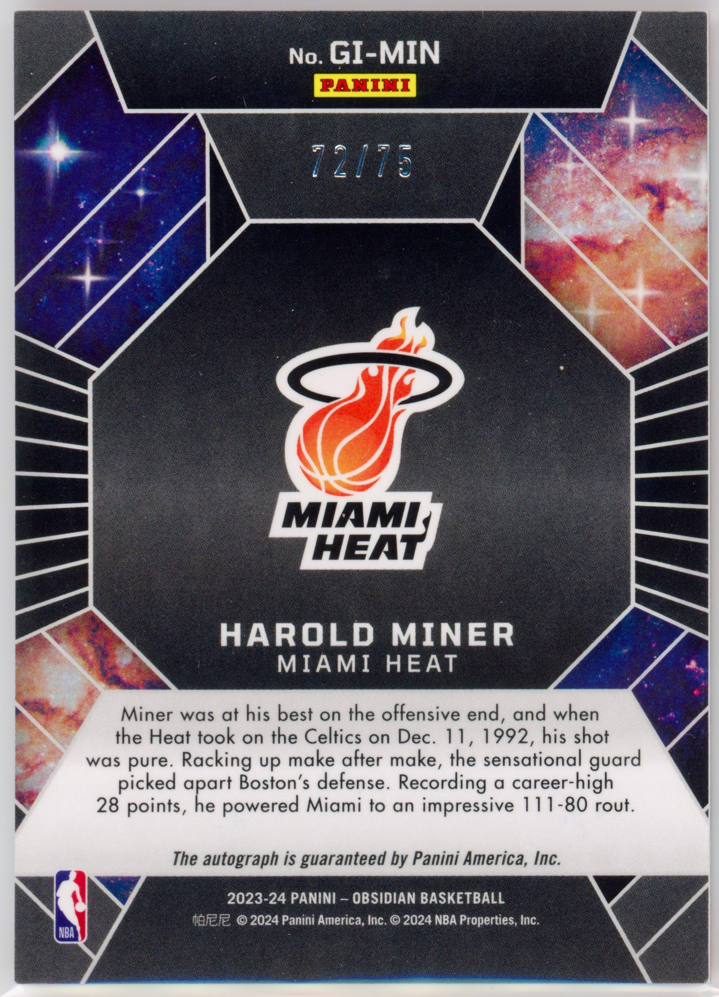 2023 Panini Obsidian Harold Miner Galaxy Ink Orange Flood /75 #GIMIN