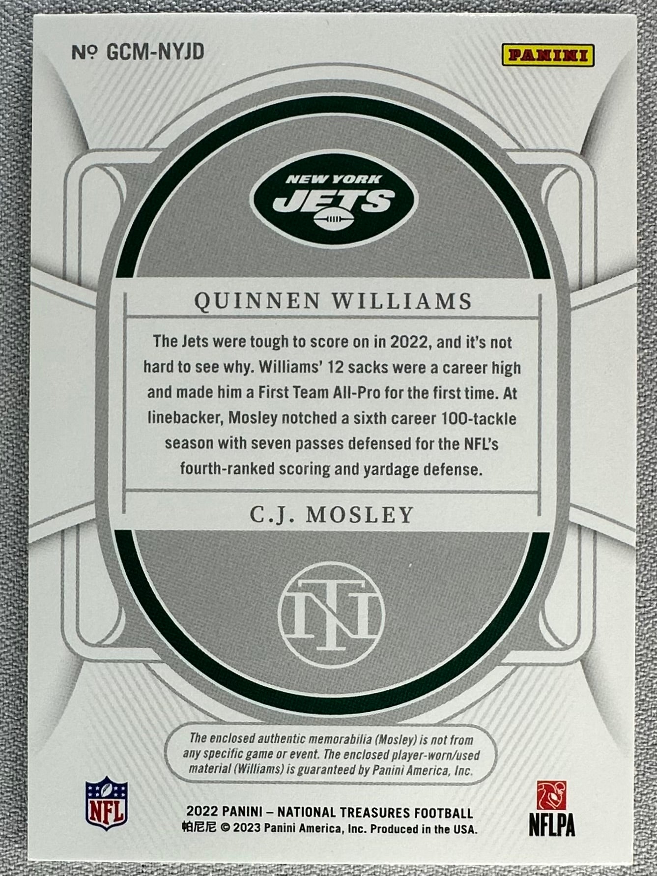 2022 Panini National Treasures Williams/Mosley NFL Gear Holo Silver /25