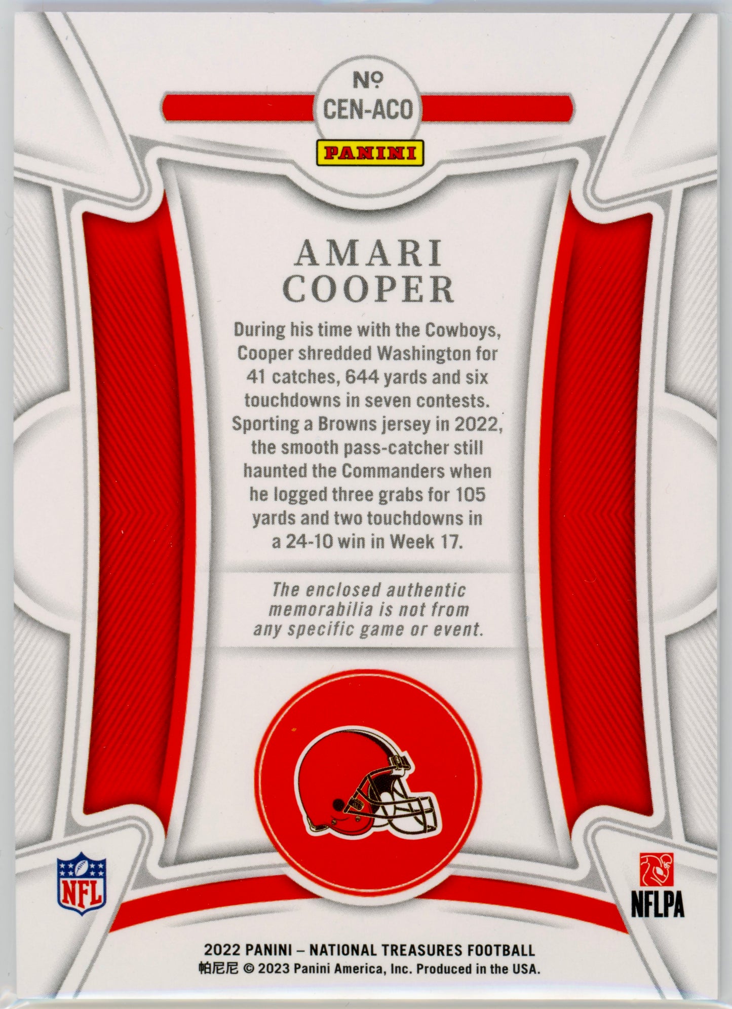 2022 Panini National Treasures Amari Cooper Century Materials /99 #CEN-ACO