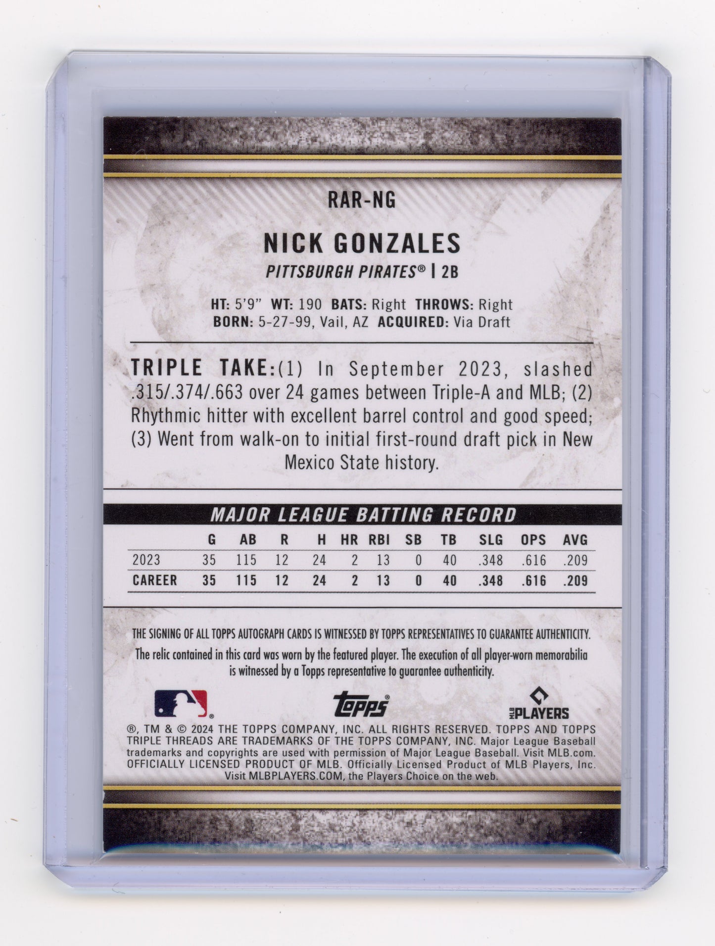 2024 Topps Triple Threads Nick Gonzales Rookie Autographed Relics /99 #RAR-NG