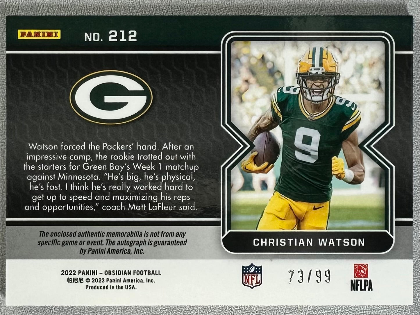 2022 Panini Obsidian Christian Watson RPA Orange /99 RC #212