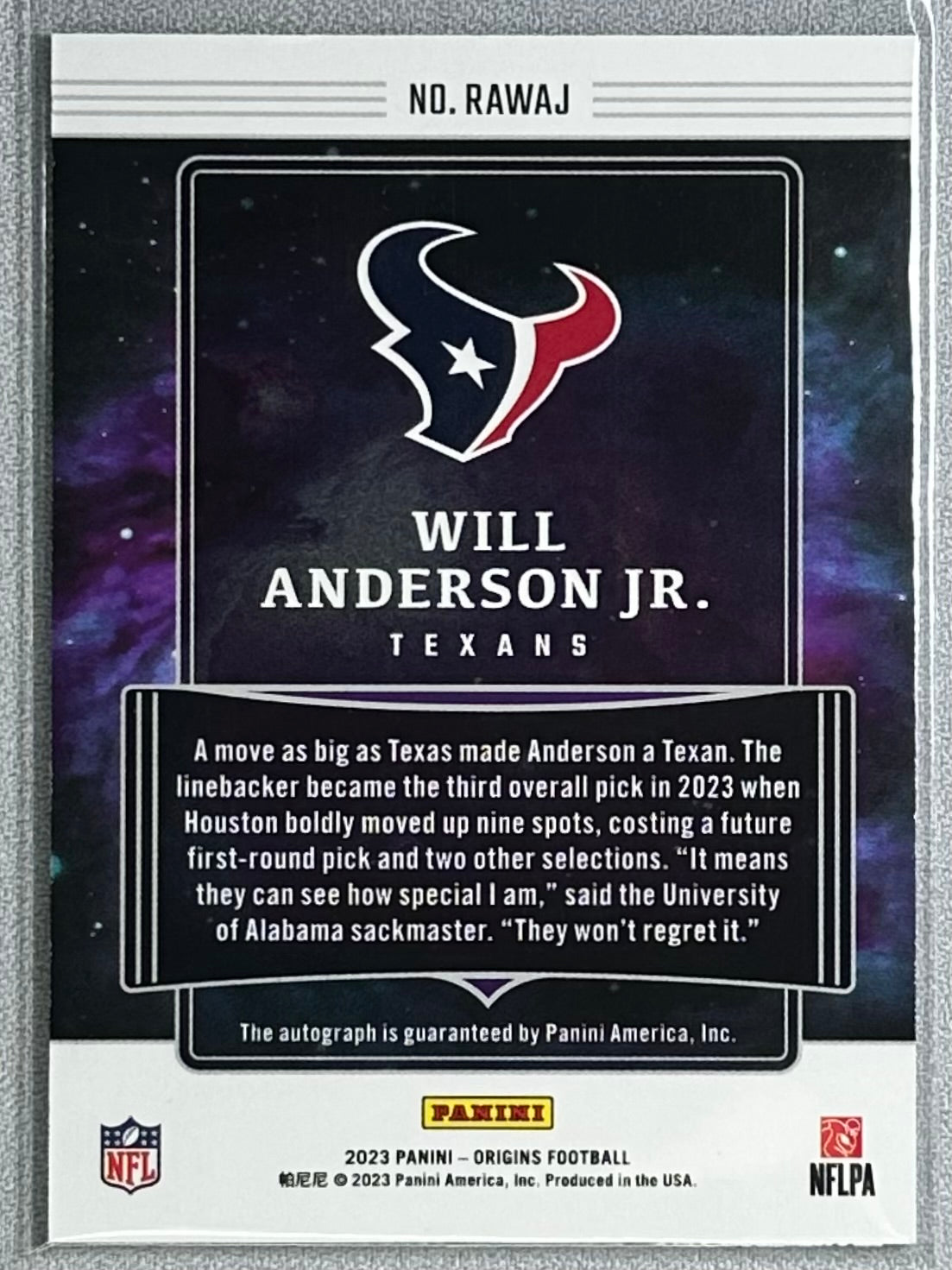 2023 Panini Origins Will Anderson Jr. Rookie Auto #RAWAJ