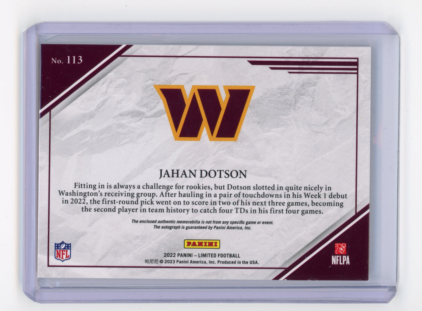 2022 Panini Limited Jahan Dotson Rookie Patch Autograph 175/199 RC #113