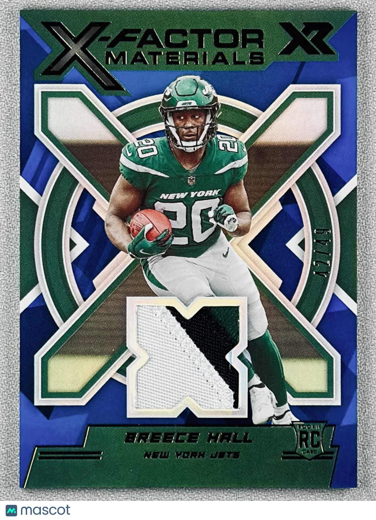 2022 Panini XR Breece Hall X-Factor Materials Blue /49 RC #XFM-BH