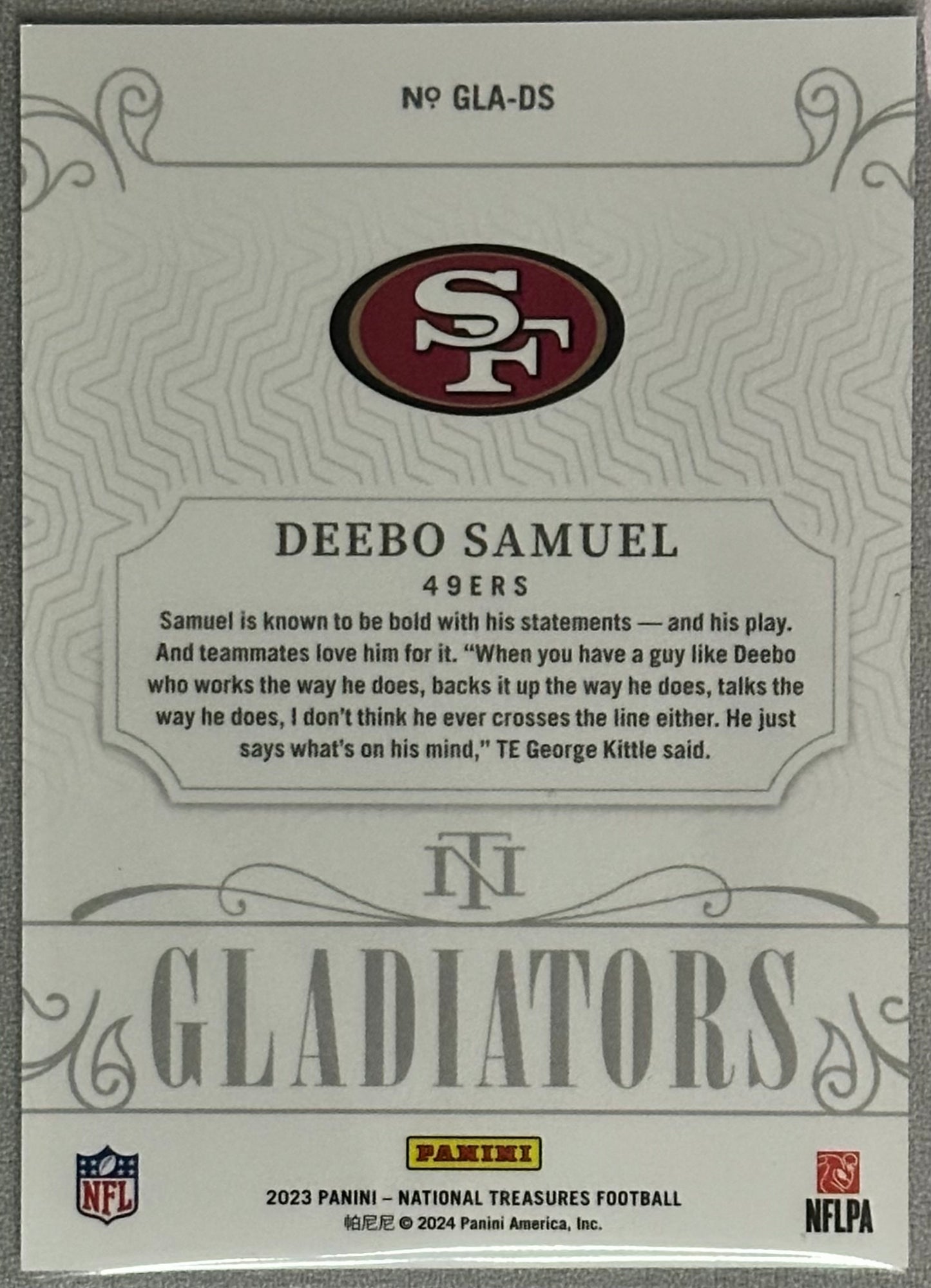 2023 Panini National Treasures Deebo Samuel Gladiators /50 # GLA-DS