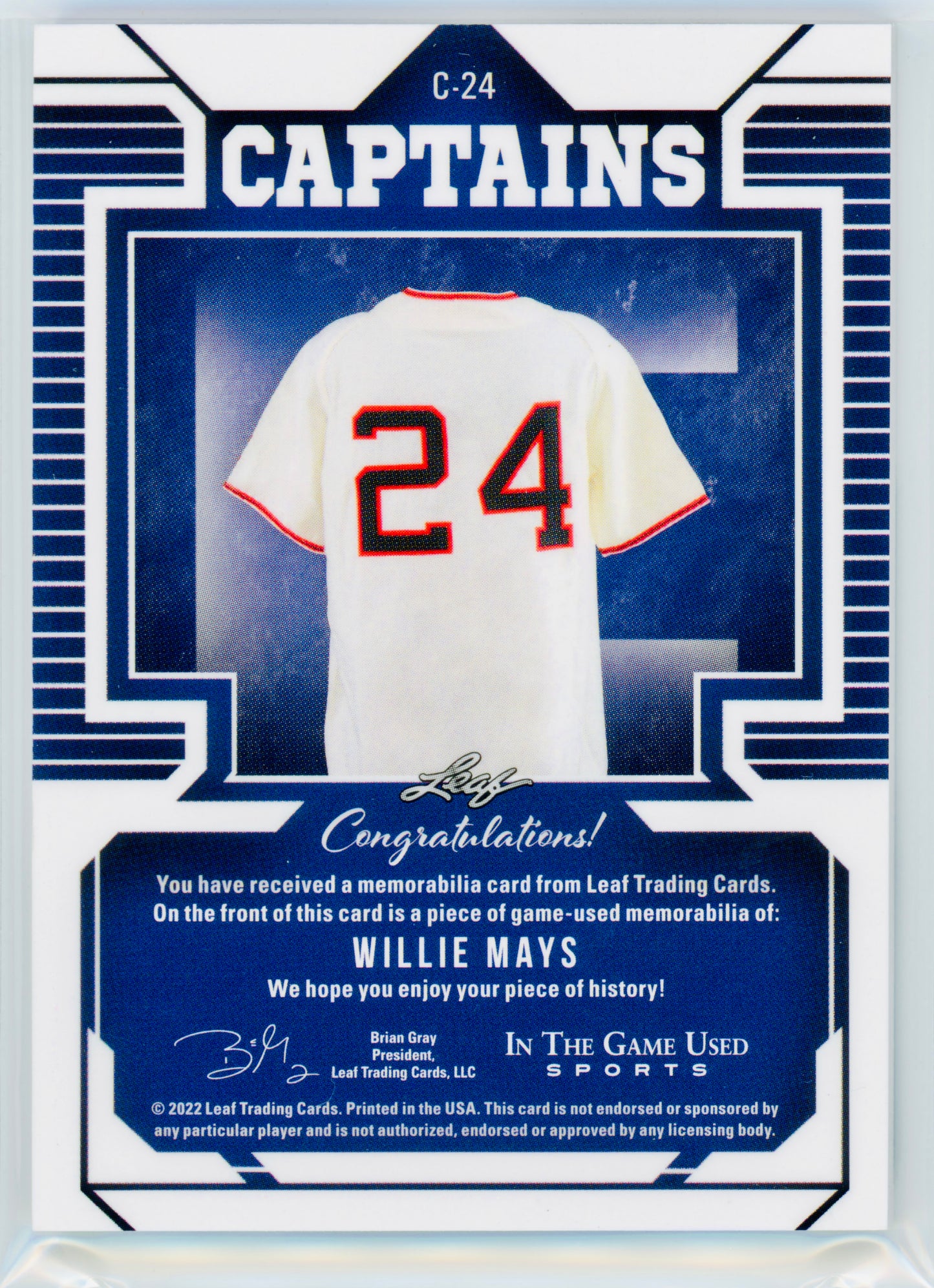 2022 Leaf In The Game Used Willie Mays Captains /8 #C-24