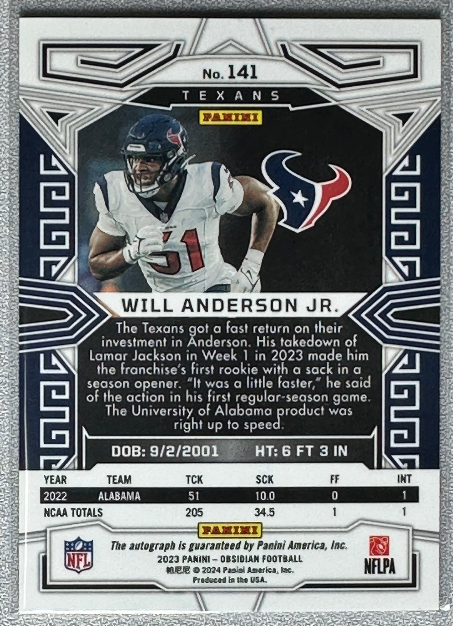 2023 Panini Obsidian Will Anderson Jr. Rookie Auto Asia #No. 141