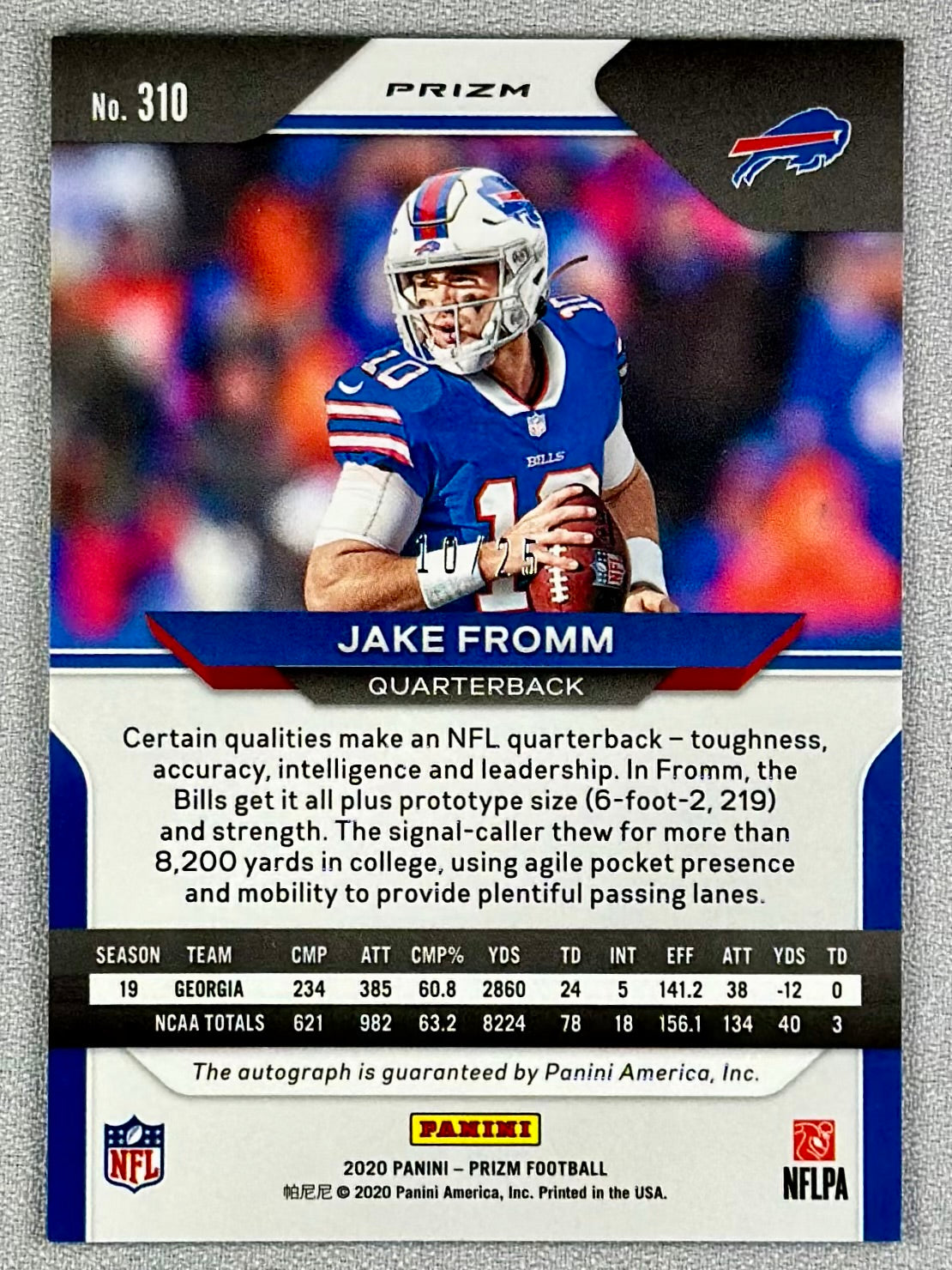 2020 Panini Prizm Jake Fromm Rookie Auto Camo /25 #310 RC