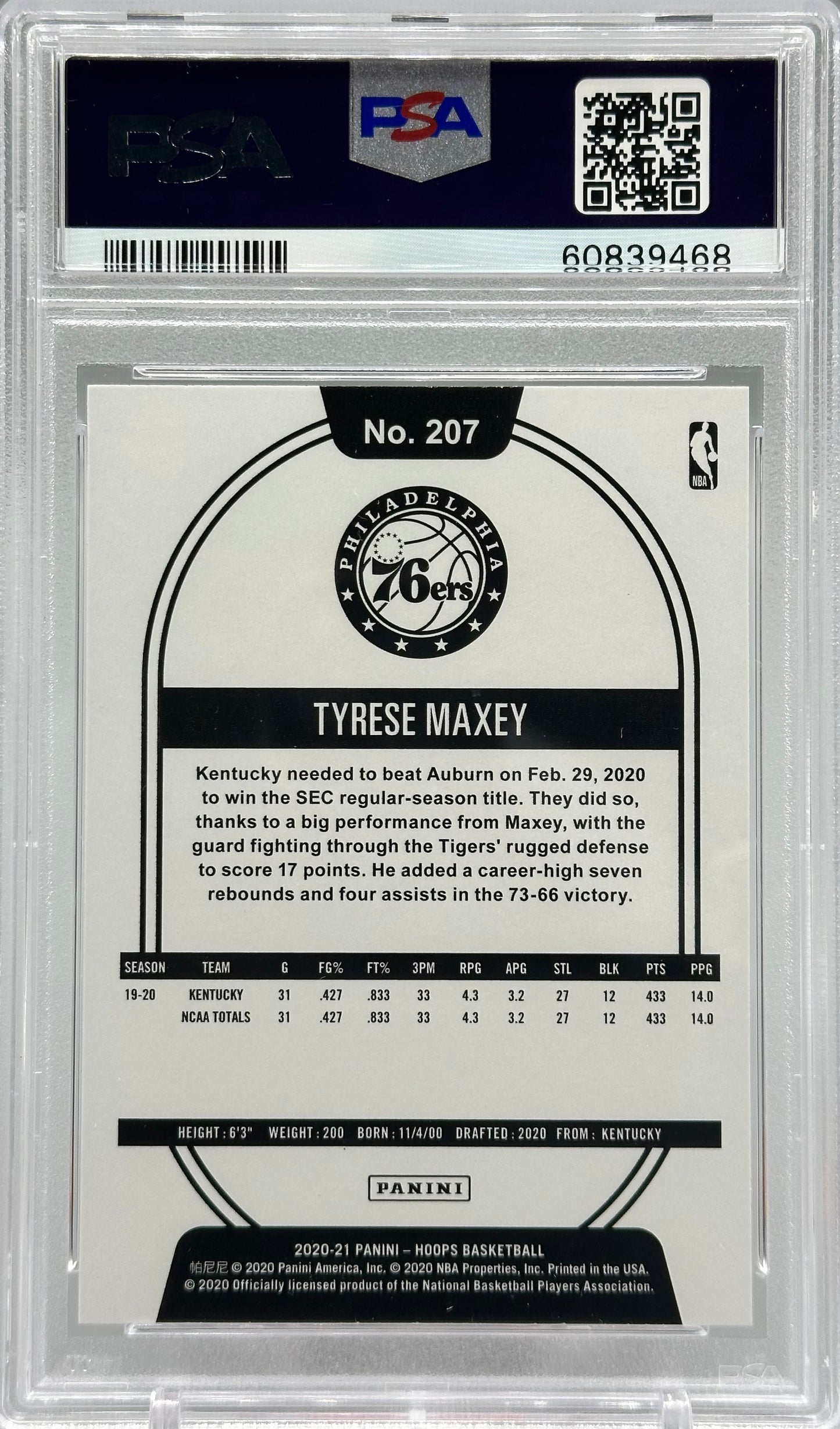 2020 Panini Hoops Tyrese Maxey #207 PSA 9