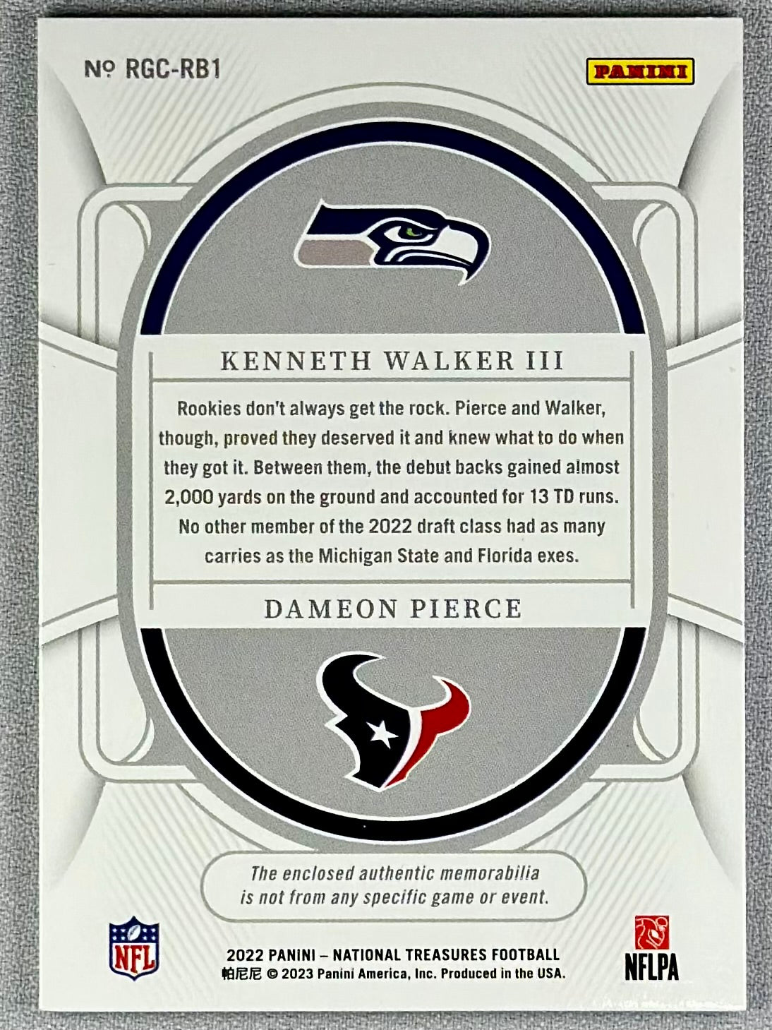 2022 Panini National Treasures Walker/Pierce Rookie Gear Combo /49 #RGC-RB1 RC