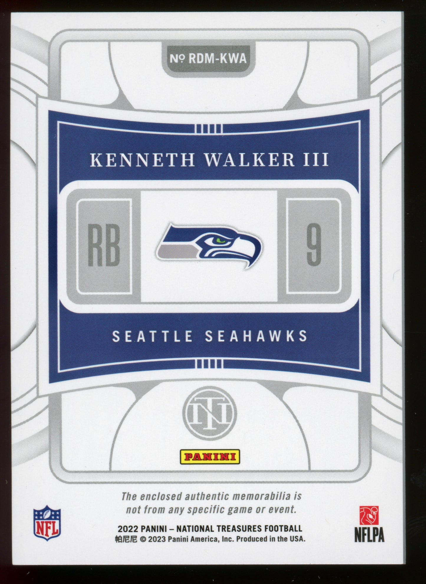 2022 Panini National Treasures Kenneth Walker III Rookie Dual Materials /99