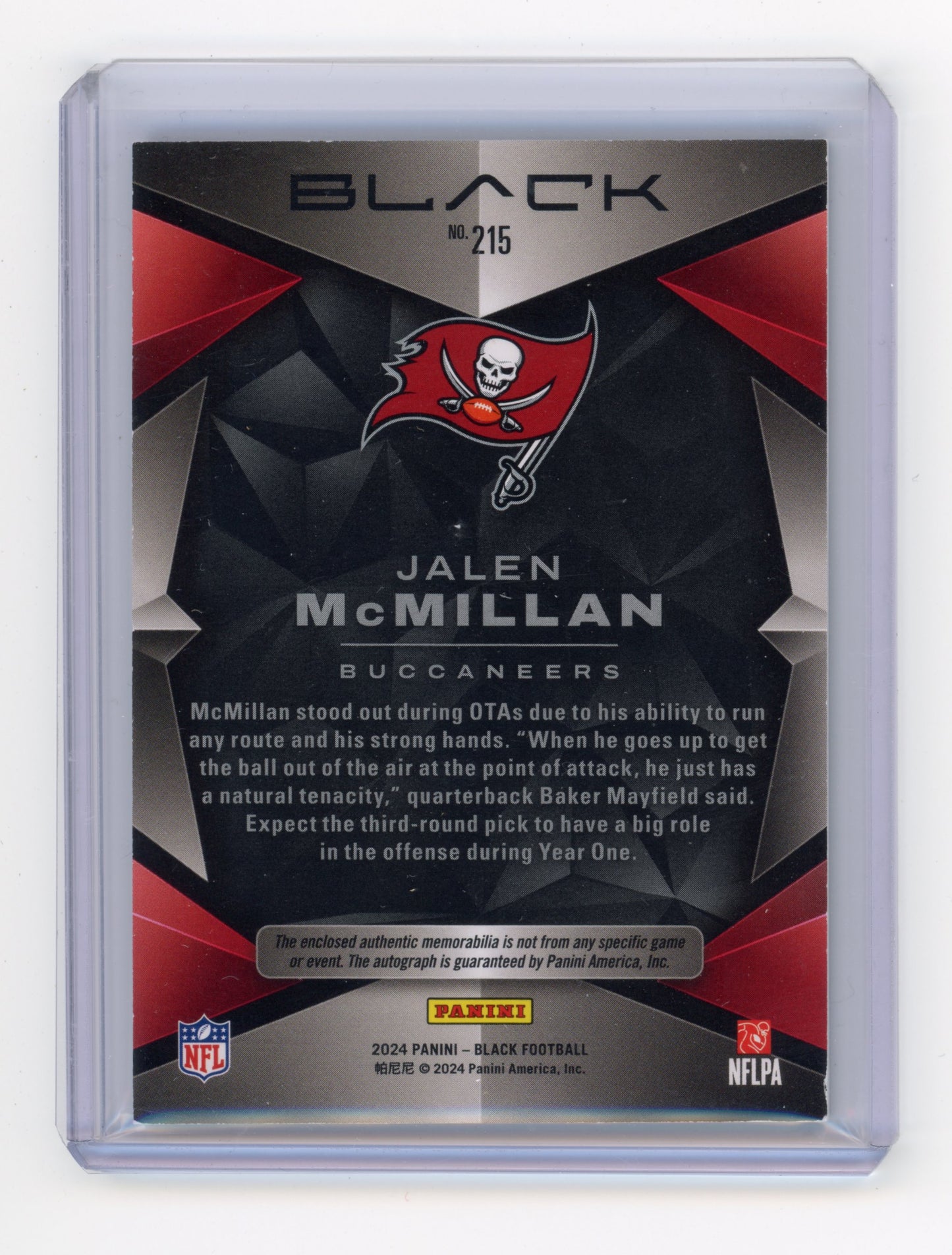 2024 Panini Black Jalen McMillan Rookie Patch Autograph RC 013/249 #215