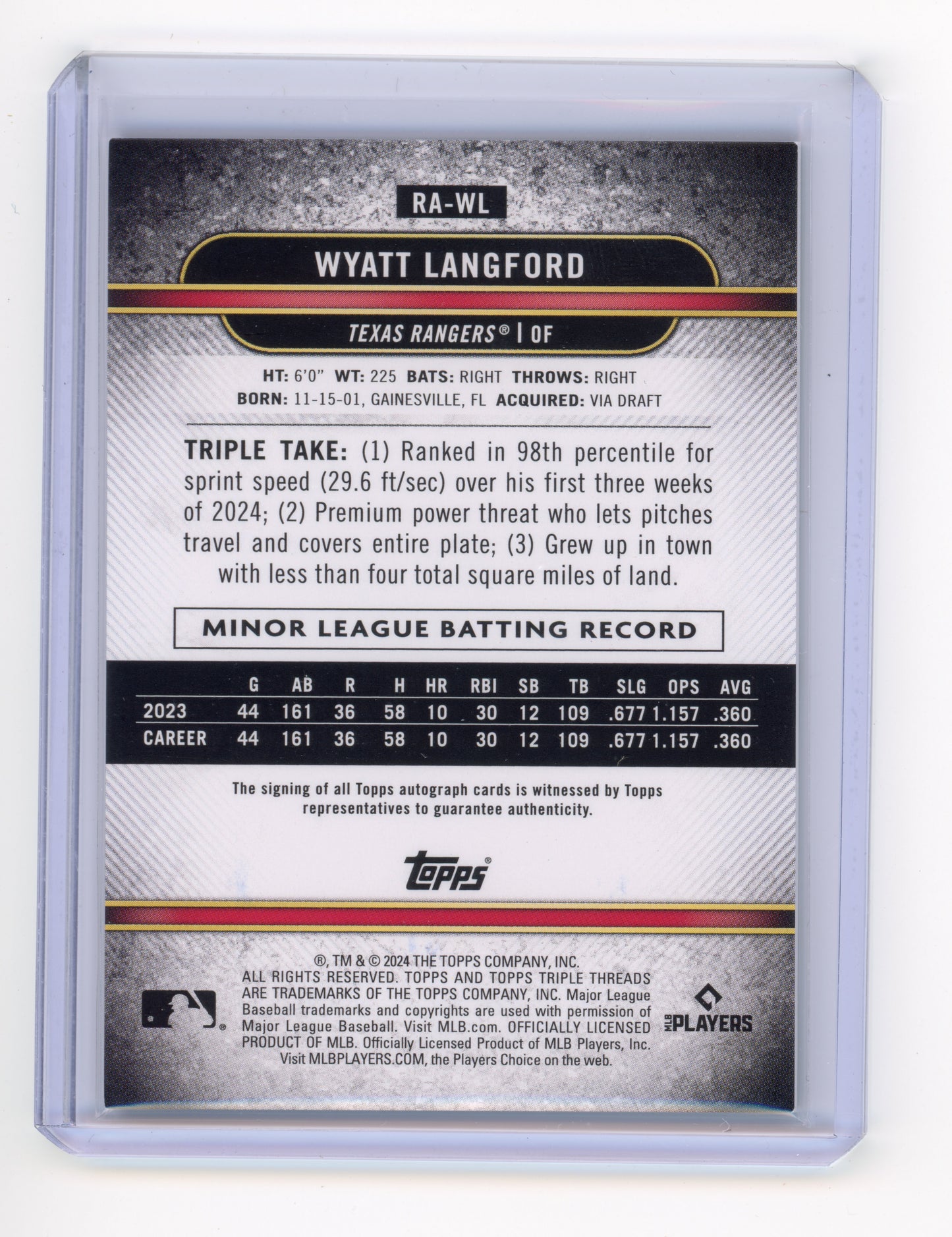 2024 Topps Triple Threads Wyatt Langford Rookie Autograph /199 #RA-WL