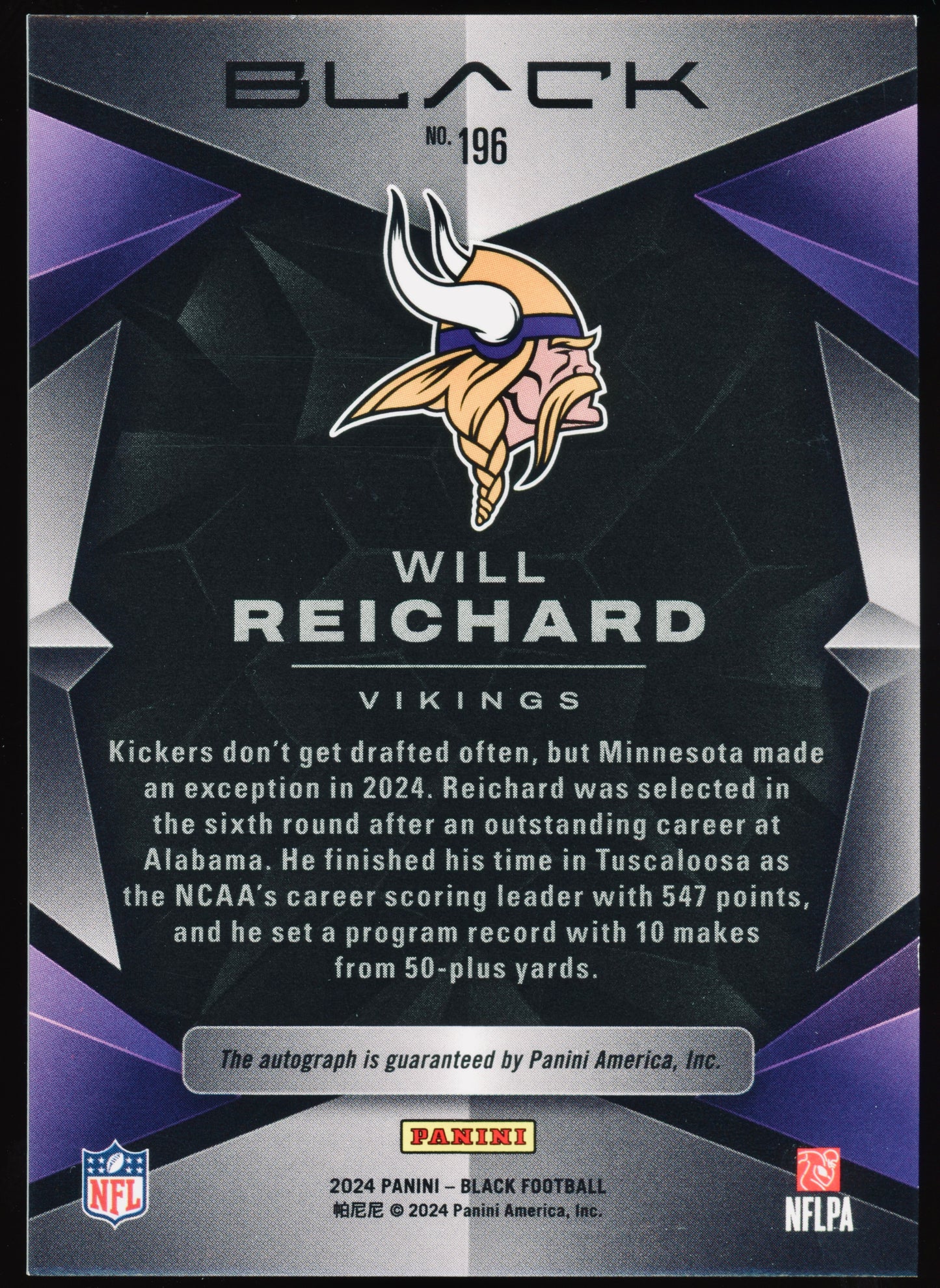 2024 Panini Black Will Reichard Rookie Auto /199 #196 RC