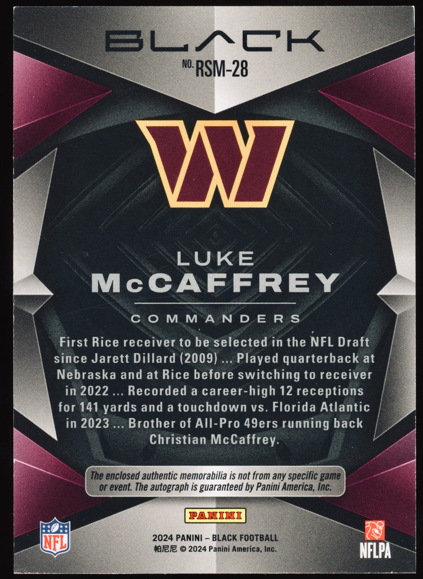 2024 Panini Black Luke McCaffrey Rookie Signature Material Royal /75 #RSM-28 RC