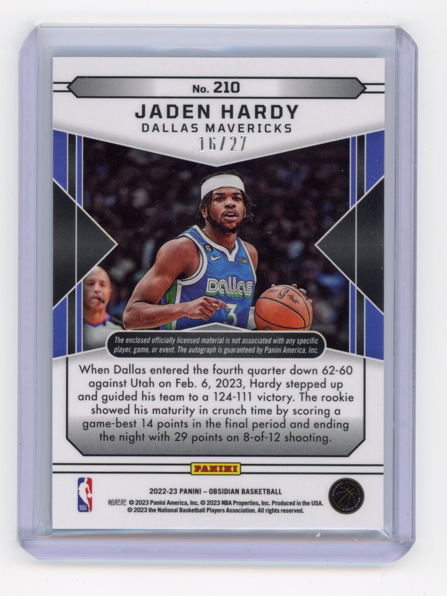 2022 Panini Obsidian Jaden Hardy Rookie Jersey Autos Blue Flood RC 16/27 #210