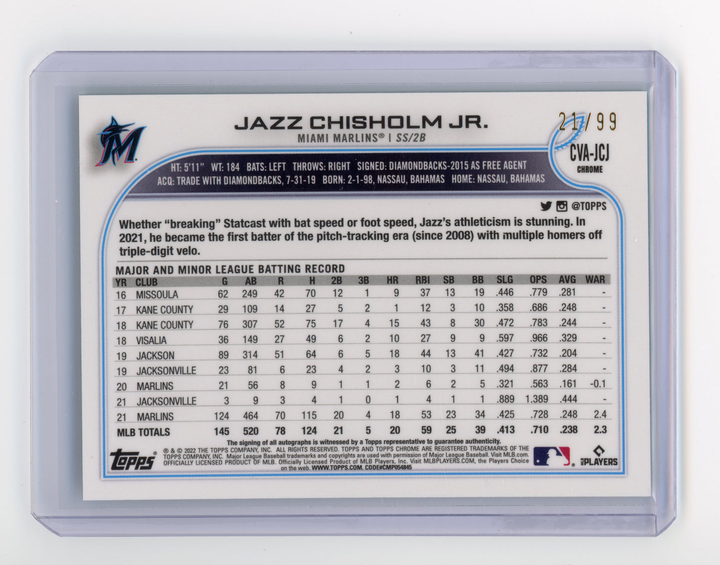 2022 Topps Chrome Jazz Chisholm Jr. Autograph Green Refractor /99 #CVA-JCJ