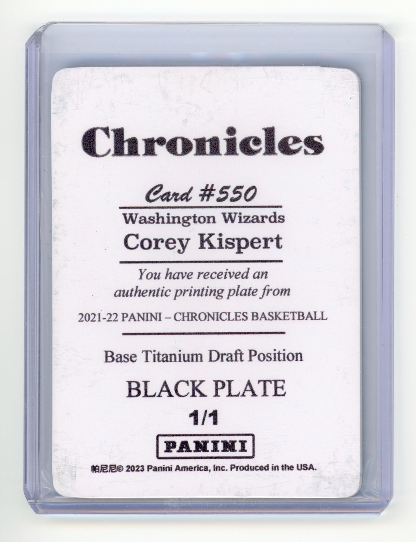 2021 Panini Chronicles Titanium Corey Kispert Black Printing Plate 1/1 #550