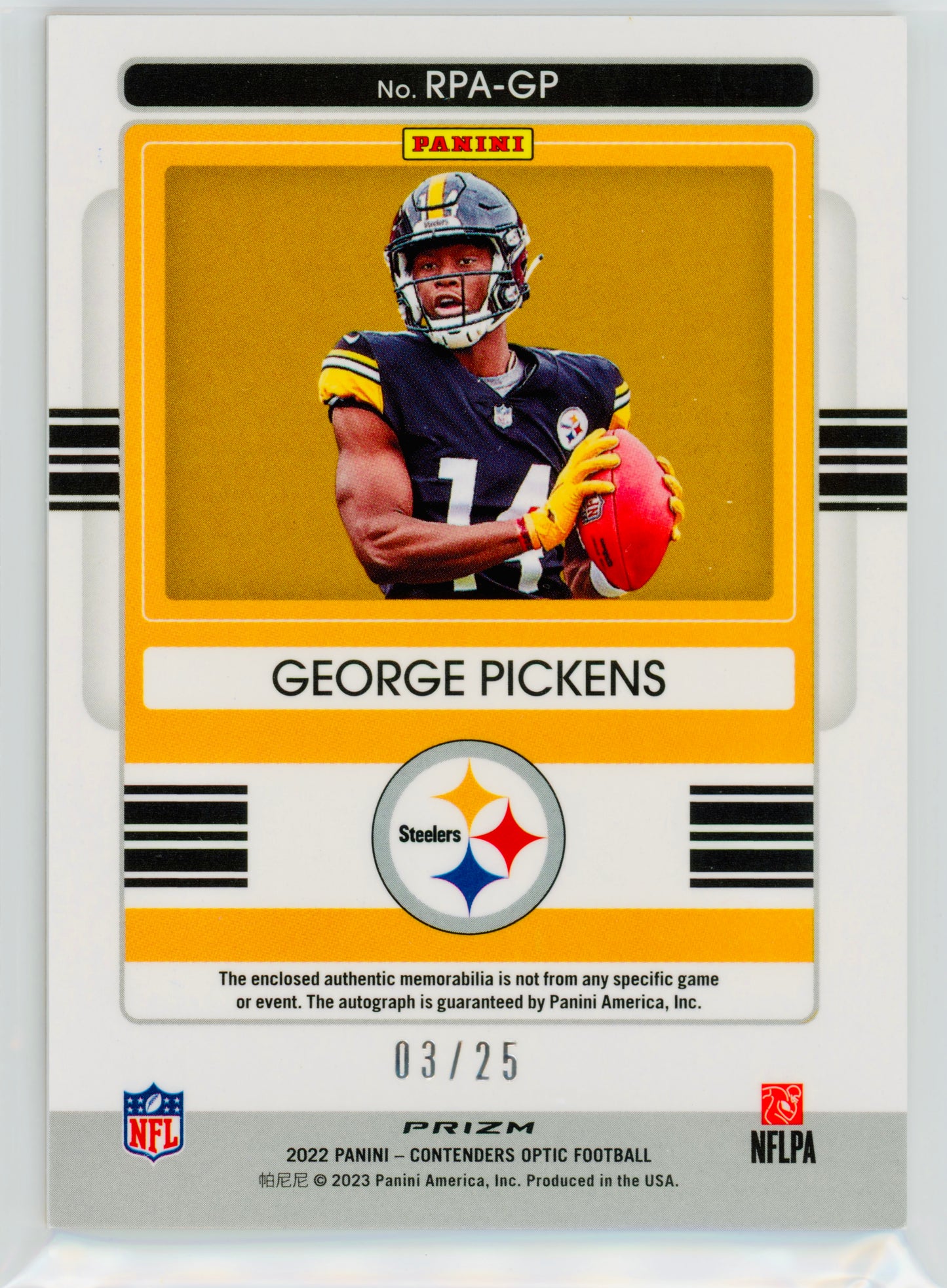 2022 Panini Contenders Optic George Pickens RPA Orange /25 RC #RPA-GP