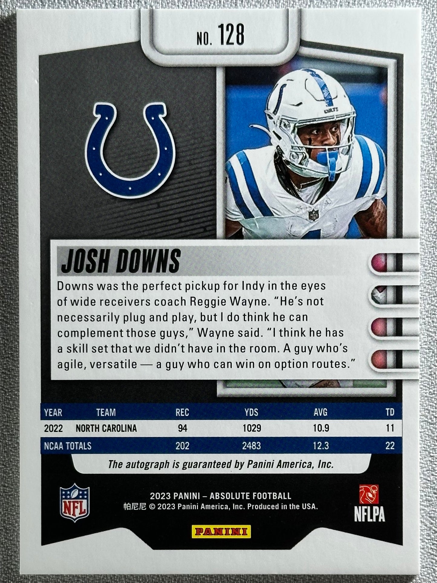 2023 Panini Absolute Josh Downs Rookie Signature Orange Spectrum /75 RC #128