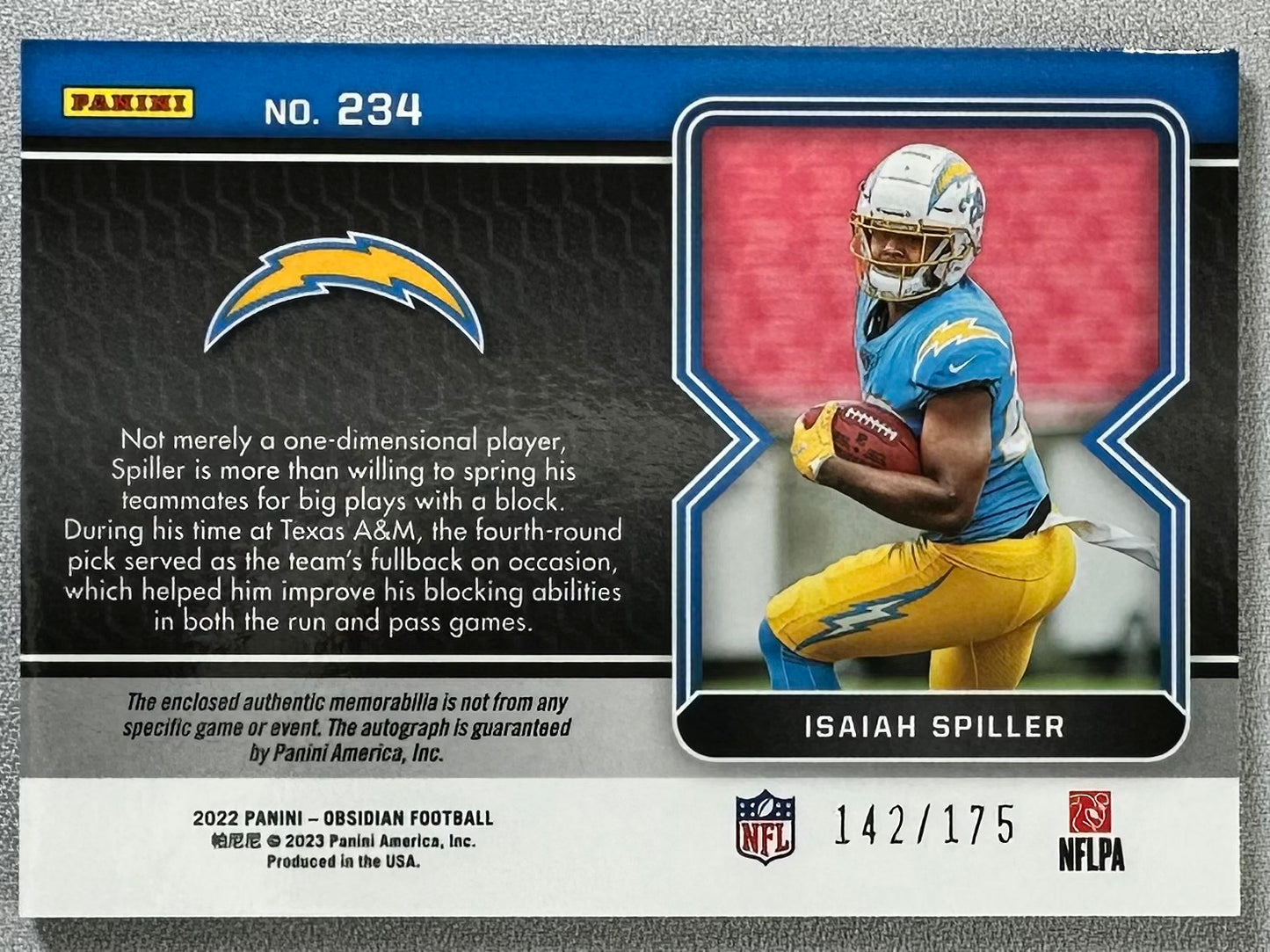 2022 Panini Obsidian Isaiah Spiller Rookie Jersey Auto /175 RC #234