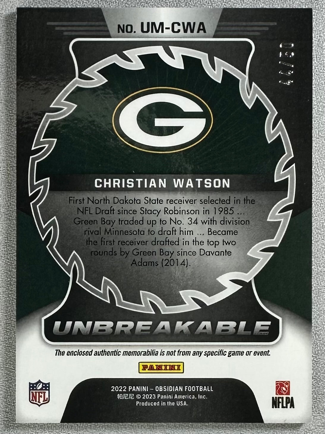 2022 Panini Obsidian Christian Watson Unbreakable Materials Green /50 RC