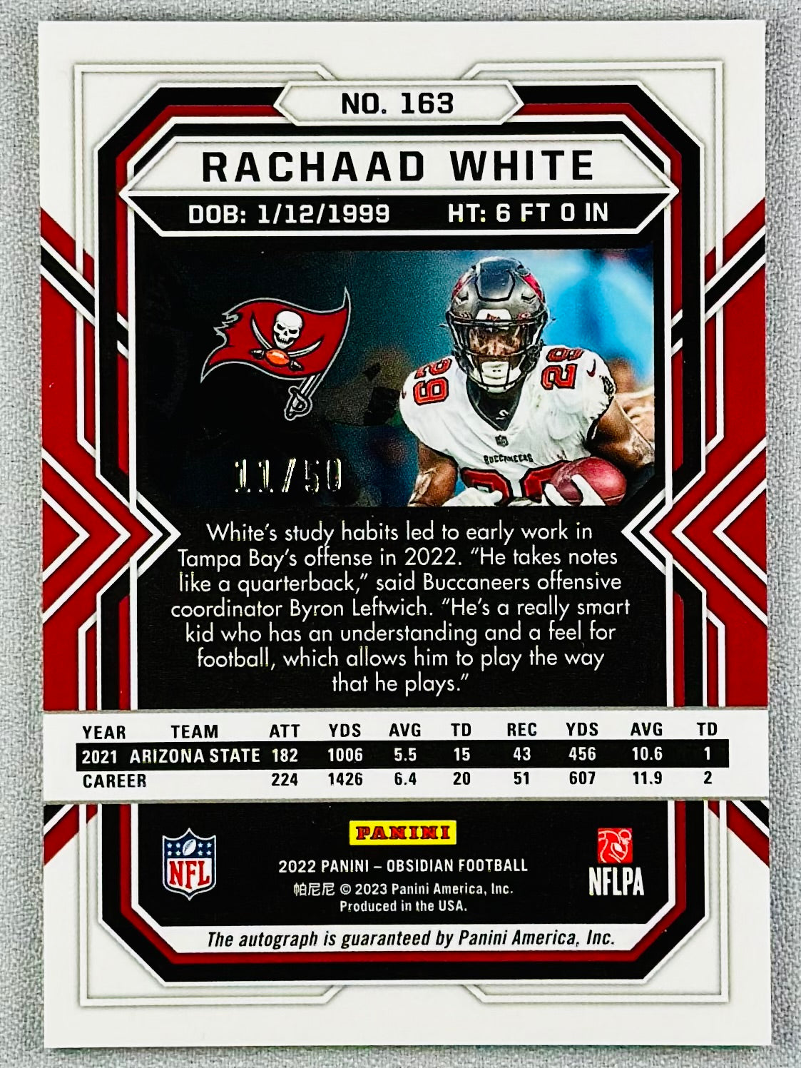 2022 Panini Obsidian Rachaad White Rookie Auto Green /50 #163 RC