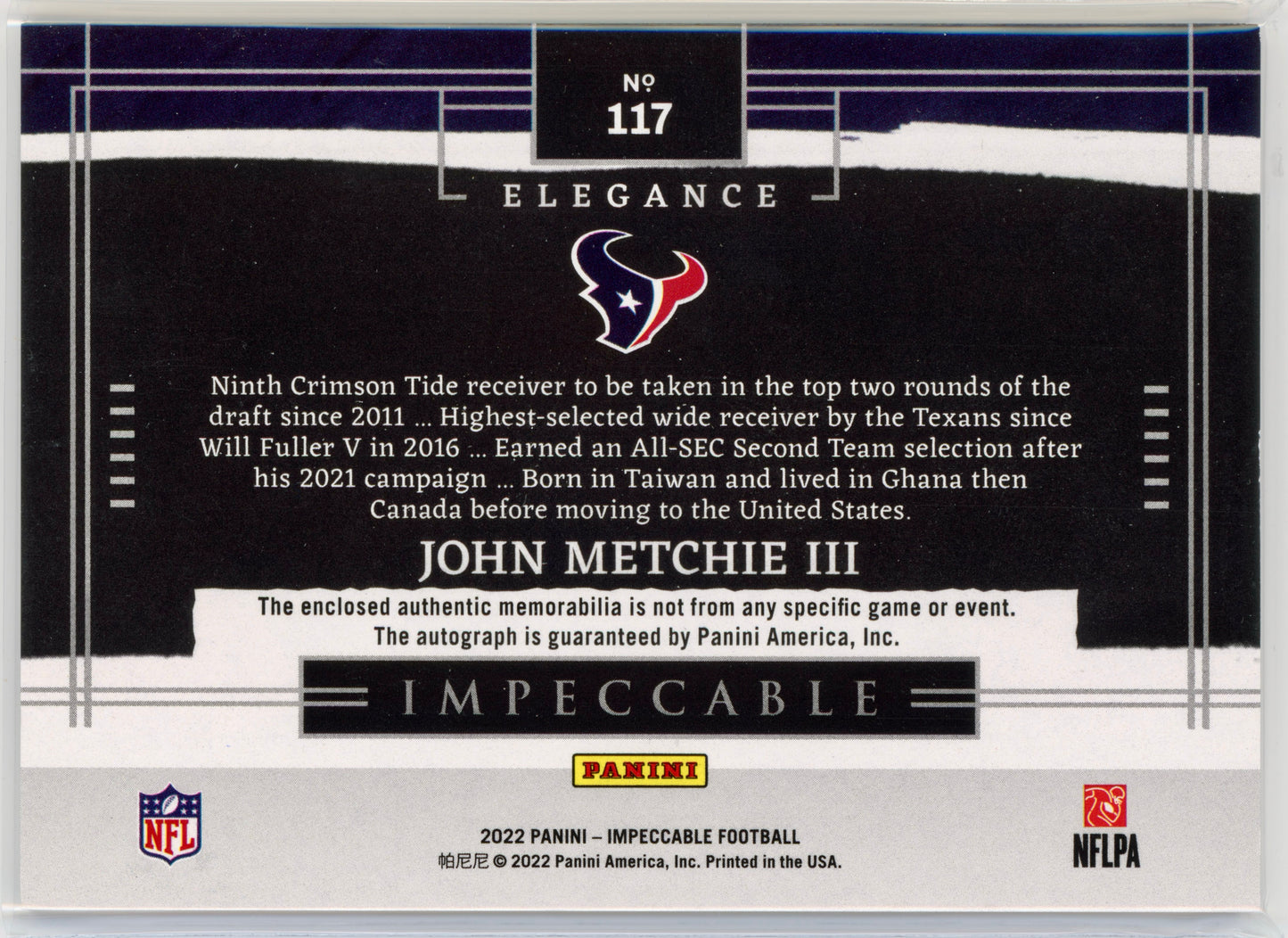 2022 Panini Impeccable John Metchie III Elegance RPA /25 RC #117