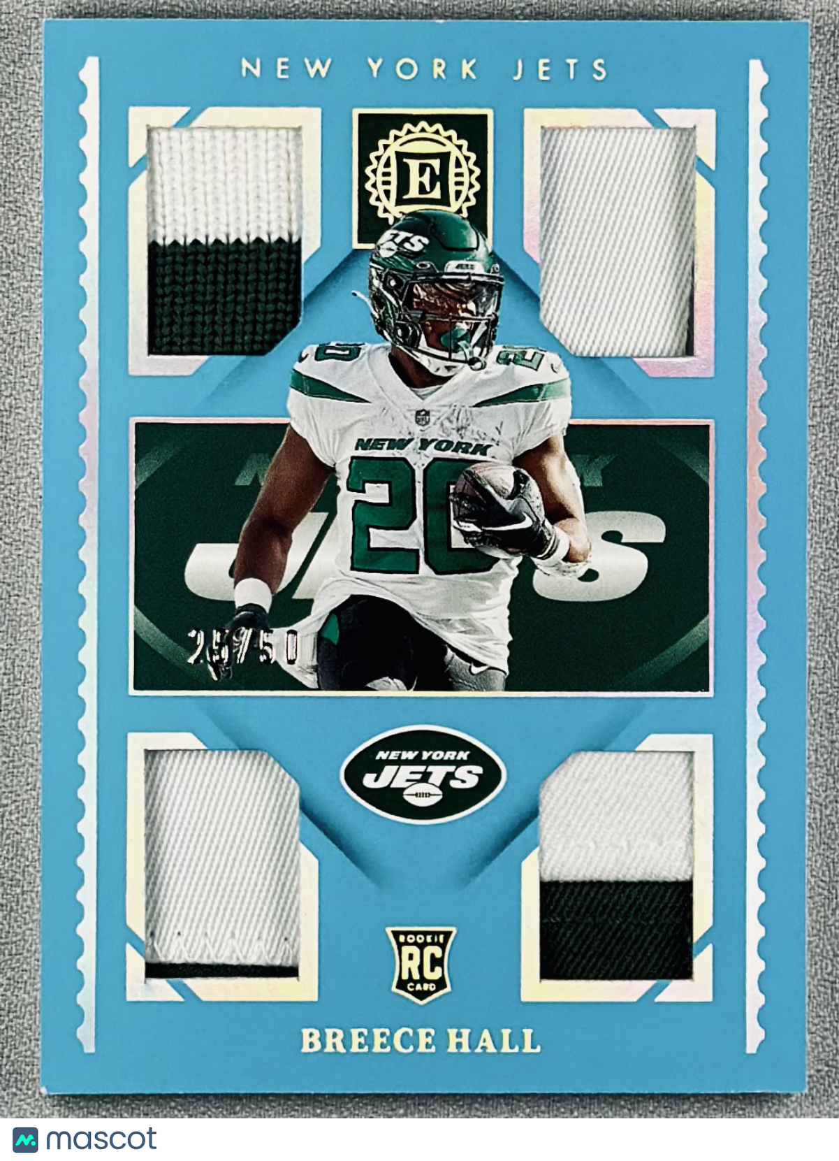 2022 Panini Encased Breece Hall Rookie Quad Materials Sapphire /50 RC #RQM12