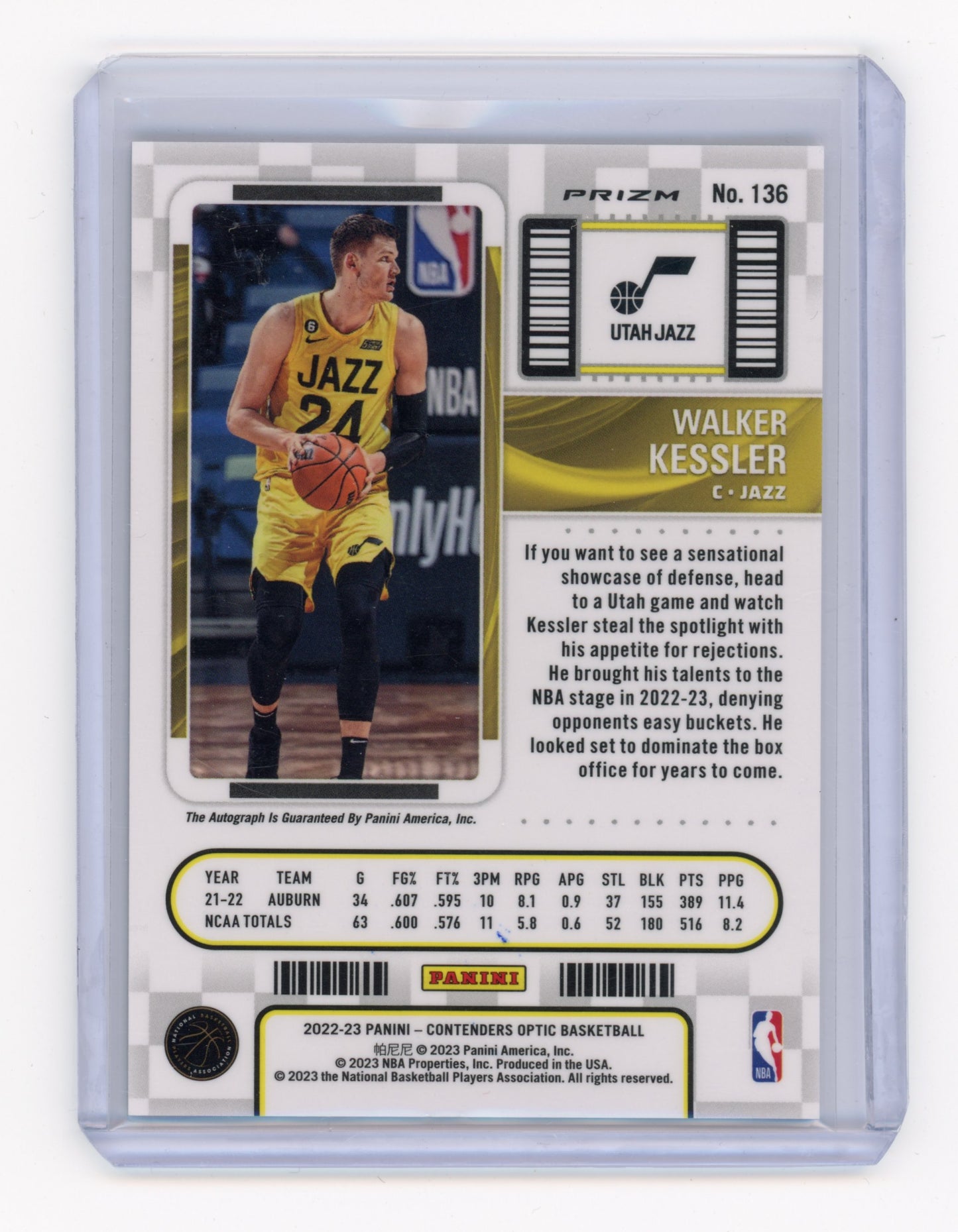 2022 Panini Contenders Optic Walker Kessler Rookie Ticket Autograph #136 RC