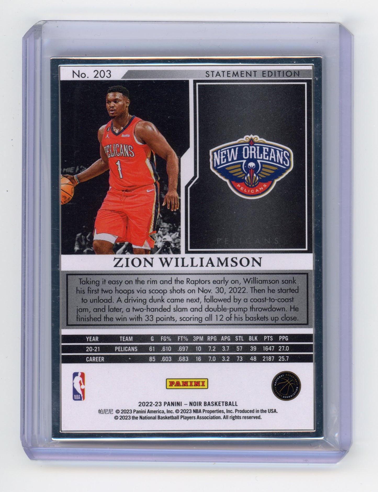 2022 Panini Noir Zion Williamson Statement Edition Metal Frame 11/25 #203
