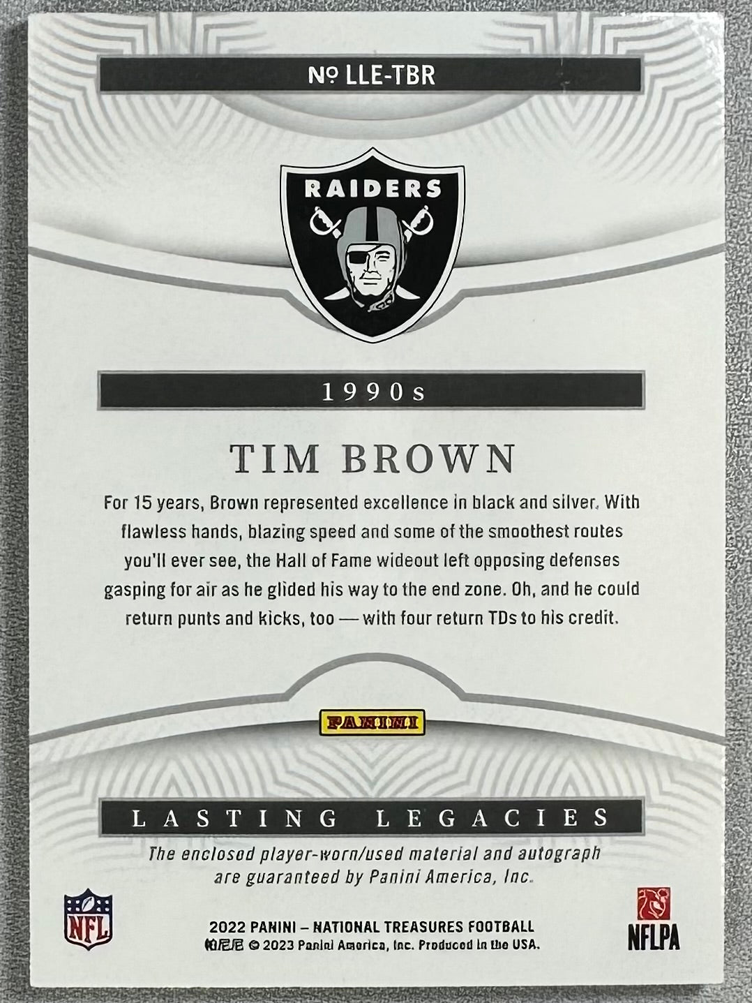 2022 Panini National Treasures Tim Brown Lasting Legacies Prime Black /5