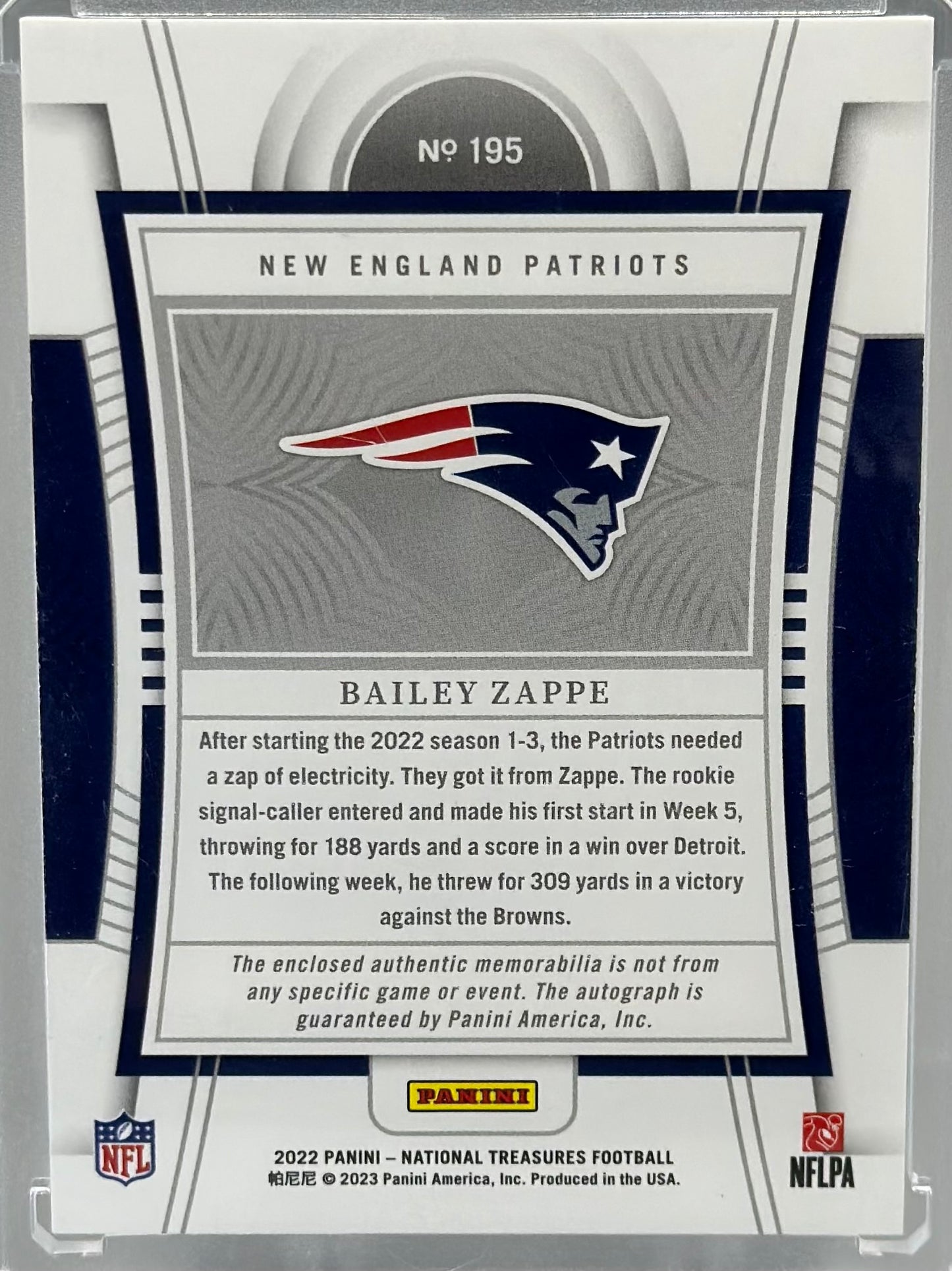 2022 Panini National Treasures Bailey Zappe RPA /99 #163