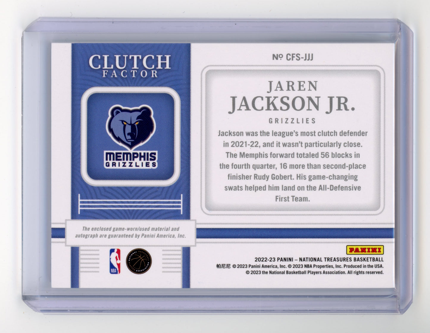 2022 Panini National Treasures Jaren Jackson Jr. Clutch Factor Auto Prime /25
