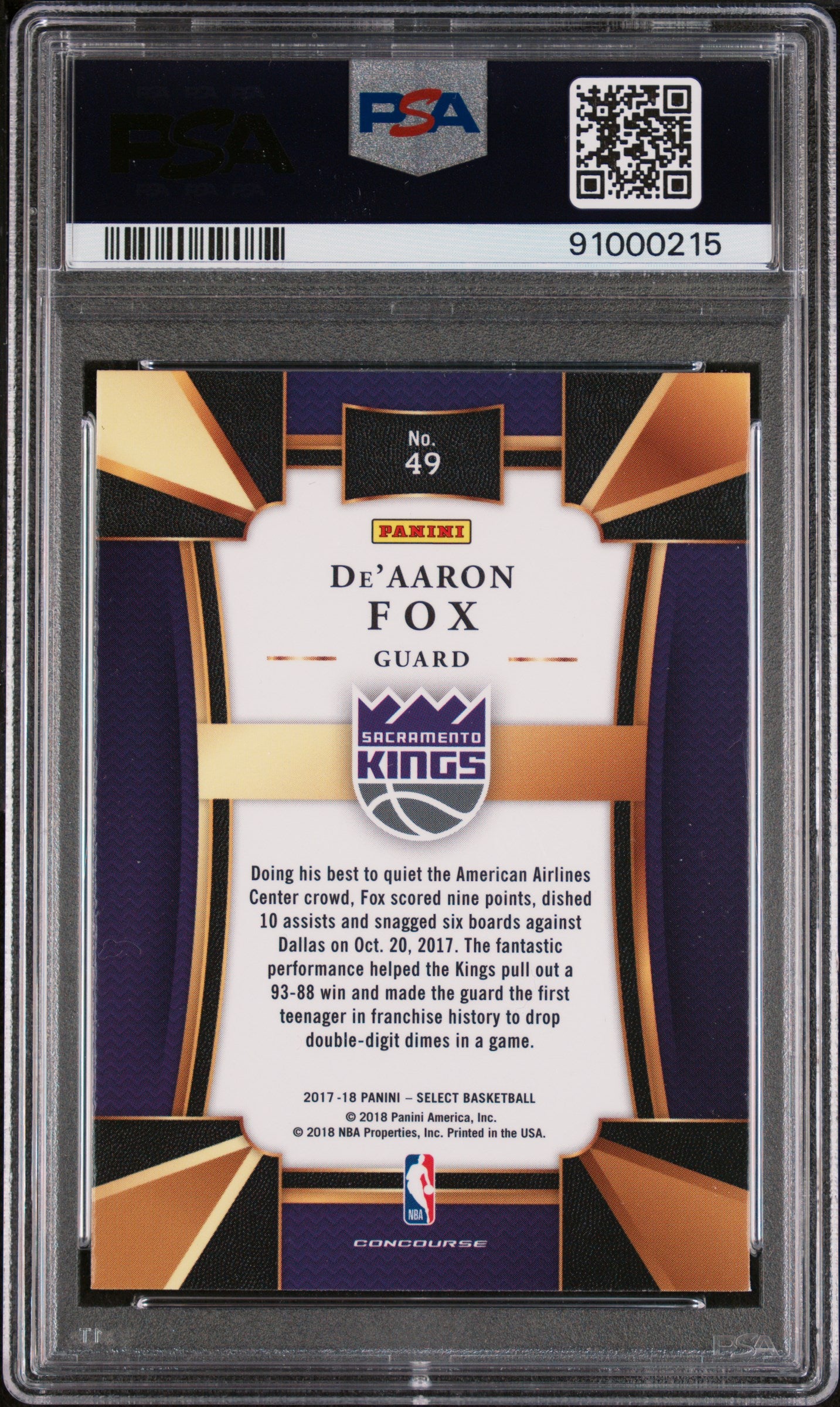2017 Panini Select De'aaron Fox RC #49 PSA 10