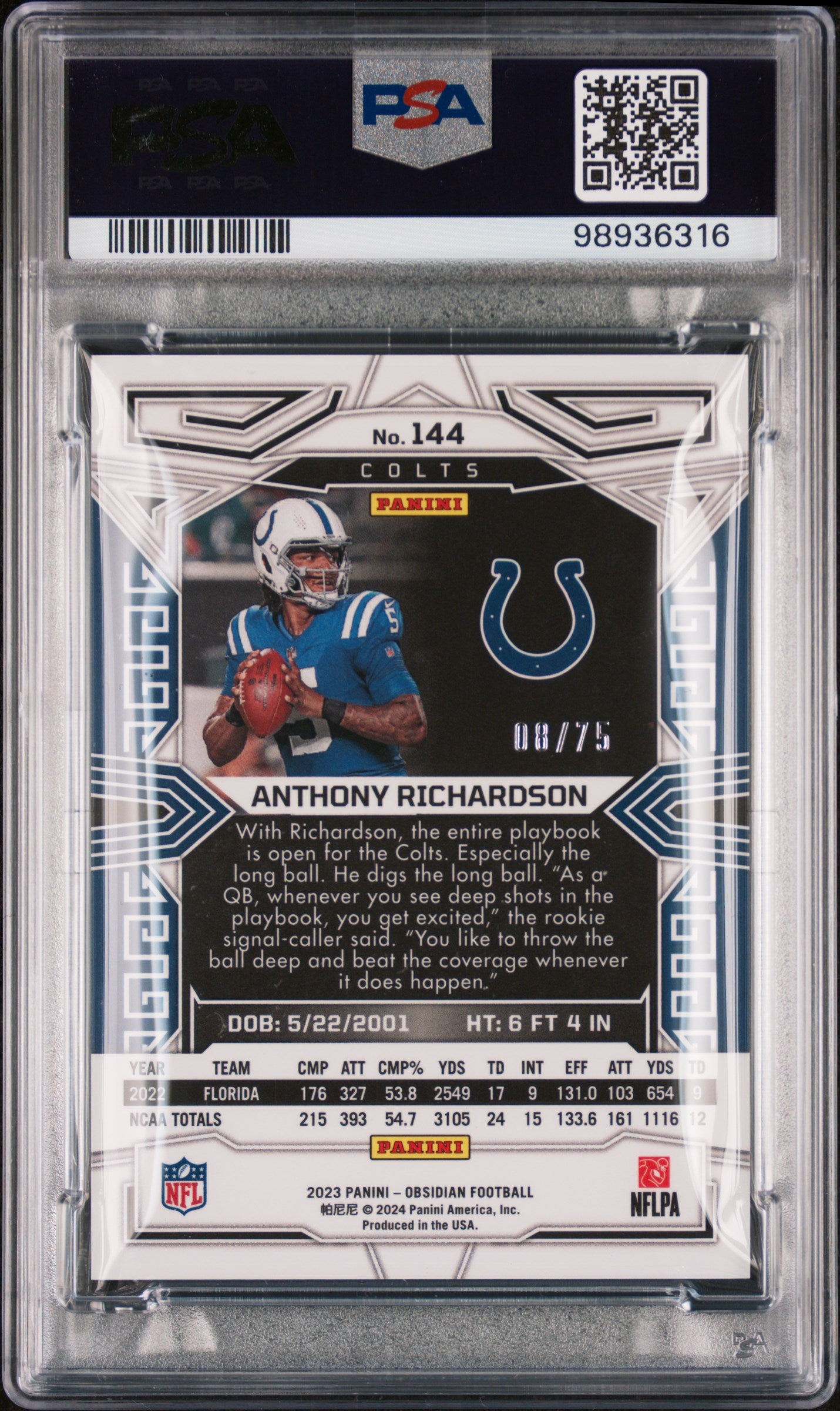 2023 Panini Obsidian Anthony Richardson Electric Etch Purple /75 RC #144 PSA 9