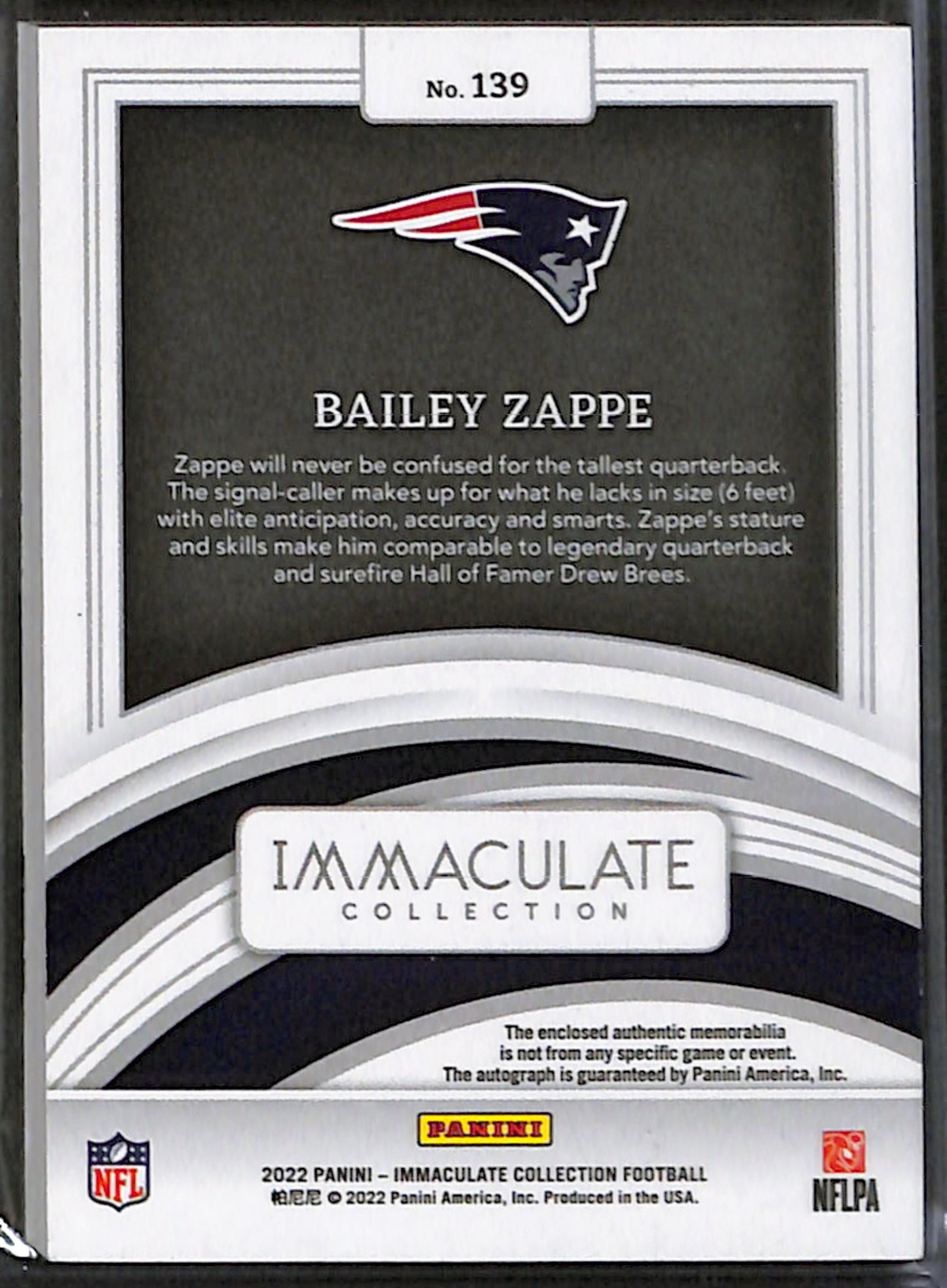 2022 Panini Immaculate Collection Bailey Zappe RPA /99 #139