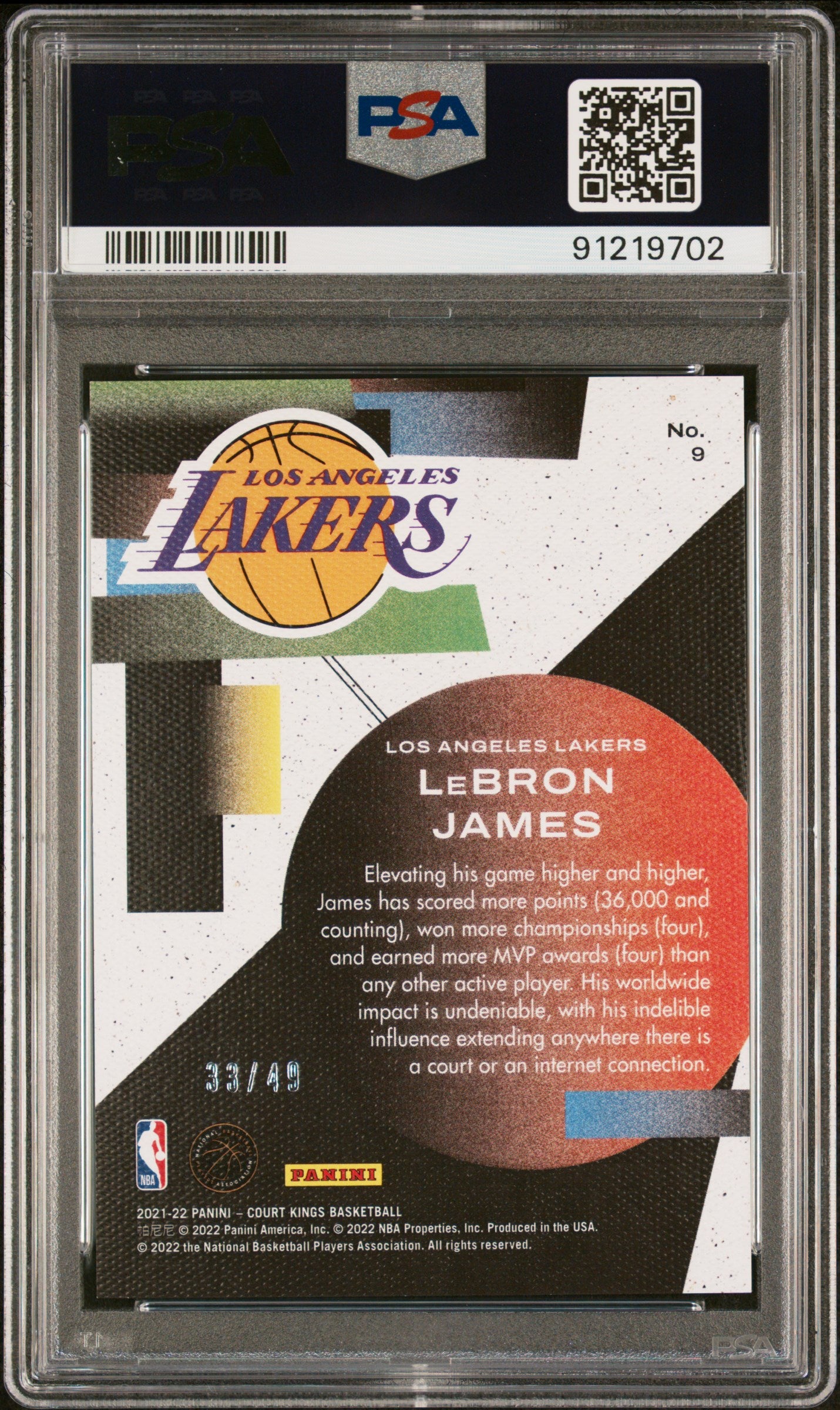 2021 Panini Court Kings LeBron James Maestros Violet /49 #9 PSA 9